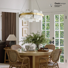 Swang Alabaster Flake Glo Modern Round ChandelierSwang Alabaster Halo Flake Brass Chandelier#Colour_Brass+White,size_Model A Dia 23.6”(60cm)