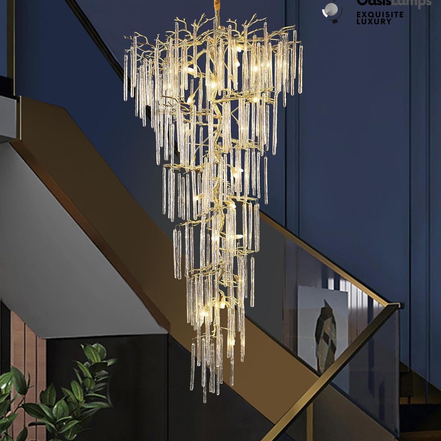 Ice Strip Modern Crystal Tree Branch Staircase Chandelier 95"