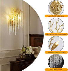 Snow Tree Branch Crystal Gold/Silver Wall Sconce 10"H