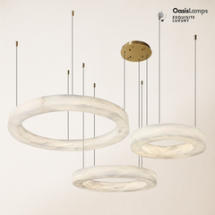 Marika Alabaster Ring Pendant Lamp#Color_Brass & White Alabaster, size_Dia 23.6” + 31.5” + 39.3”(60cm+80cm+100cm) x H 3.1”(8cm)