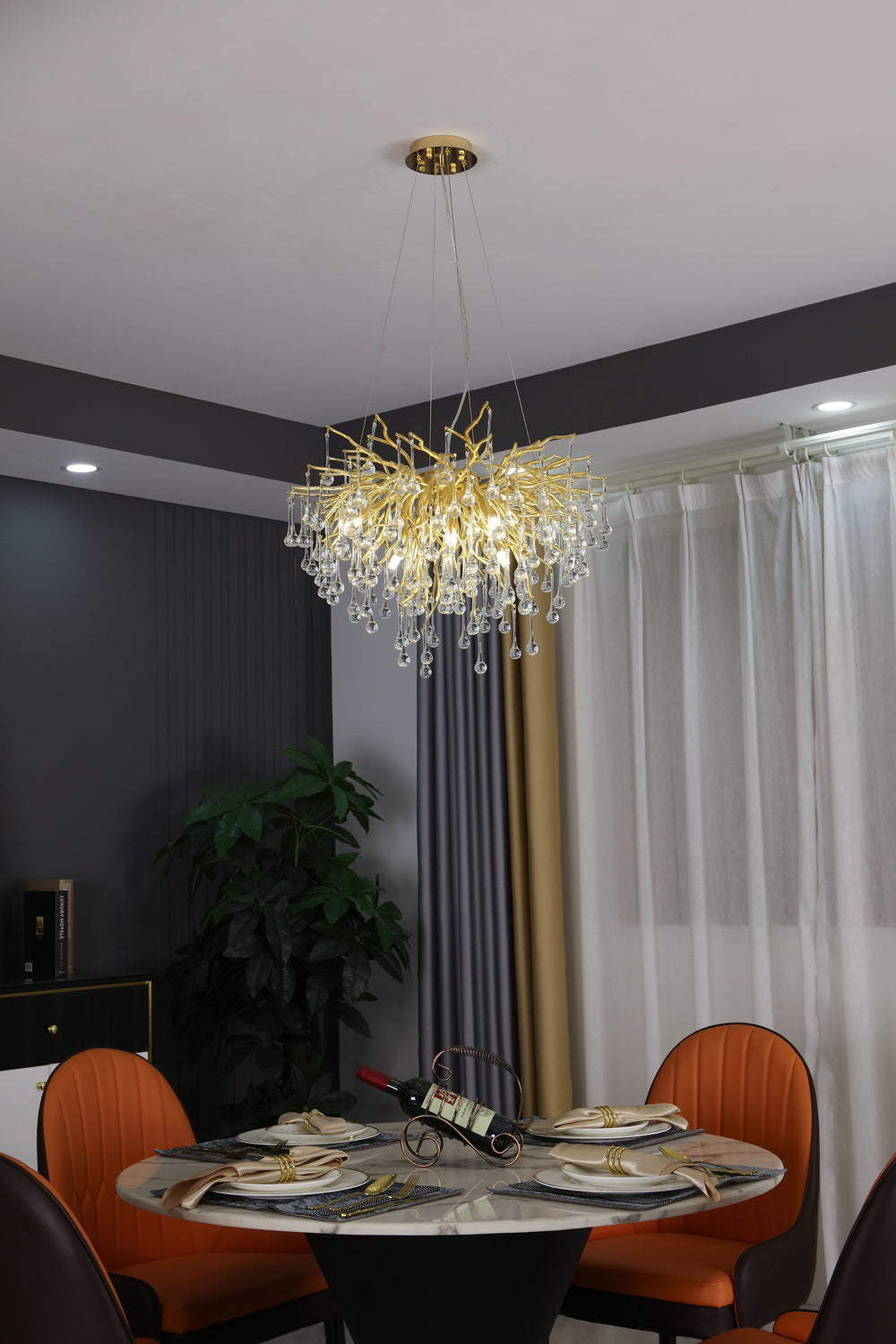 Crystal Droplet Gold Branch Chandelier,Gold 23.62"