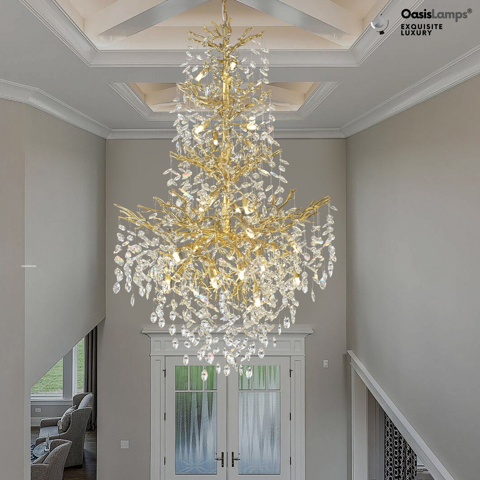 Frostleaf Cascade Grand Staircase Chandelier 61" 65"#Color_brass,Size_H61"