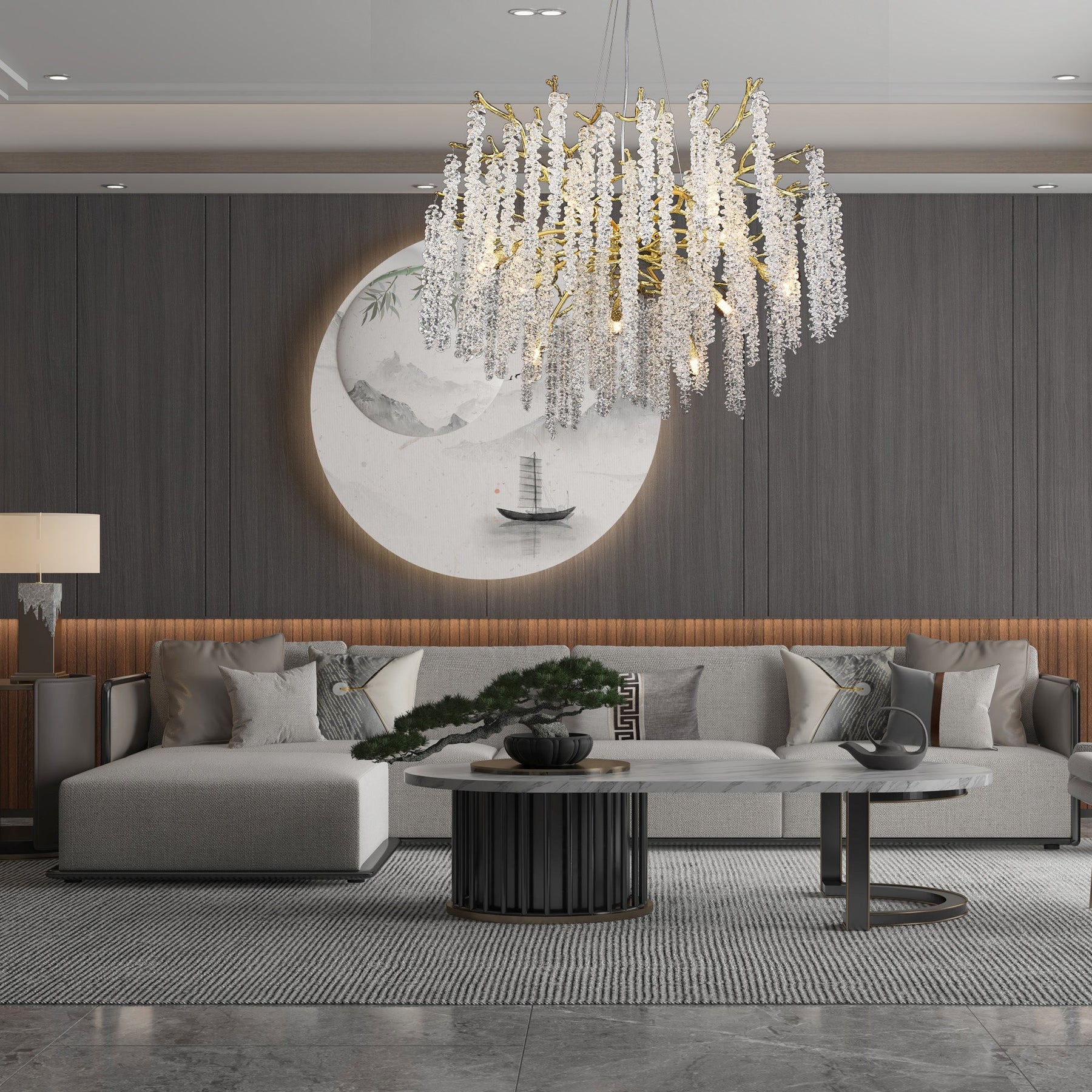 Gold Coin Crystal Round Branch Chandelier For Living Room