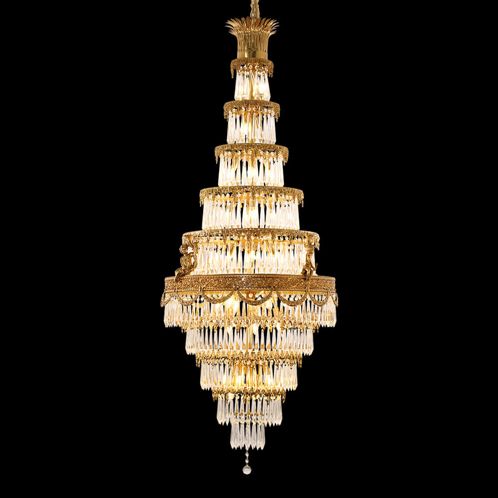 Traditional 35X83 Inch Big Foyer Lighting Cascading French Empire Brass and Crystal Chandelier