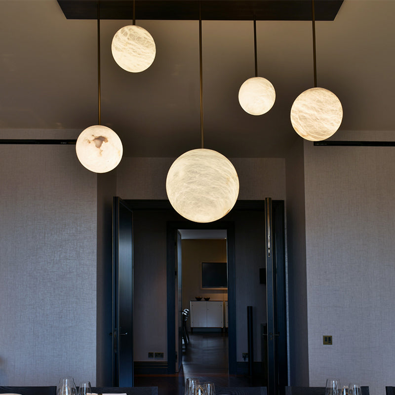 Opulent Alabaster Sphere Staircase Chandelier, Multi Pendant Light