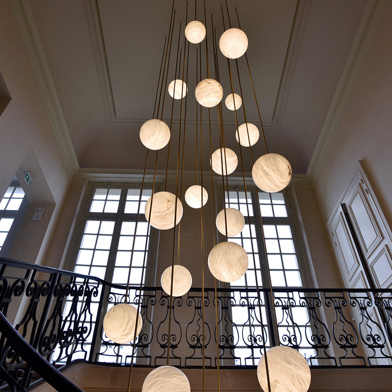 Opulent Alabaster Sphere Staircase Chandelier, Multi Pendant Light