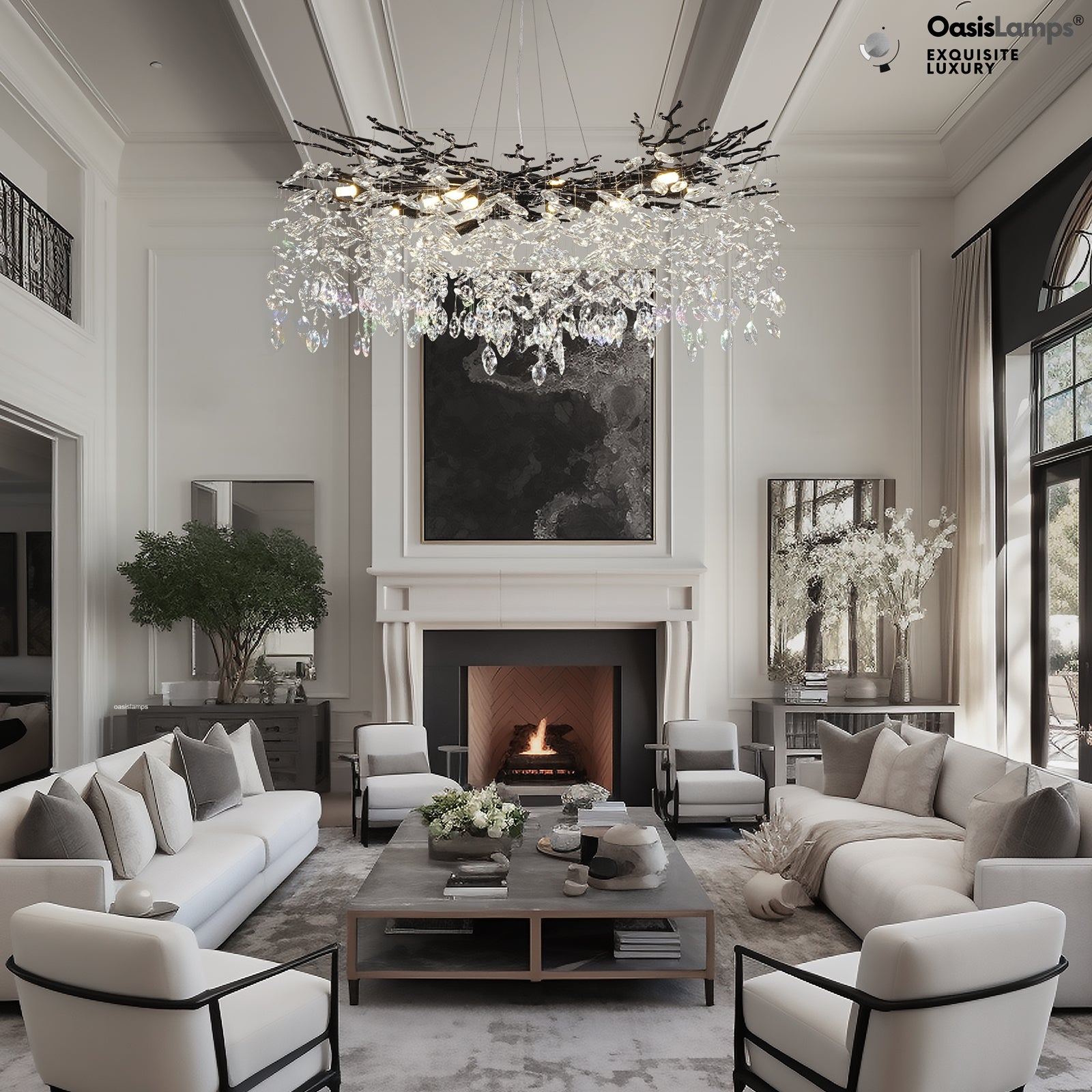 Frostleaf Cascade Branch Crystal Round Chandelier 30" 40" D#color_black,size_D-40inches