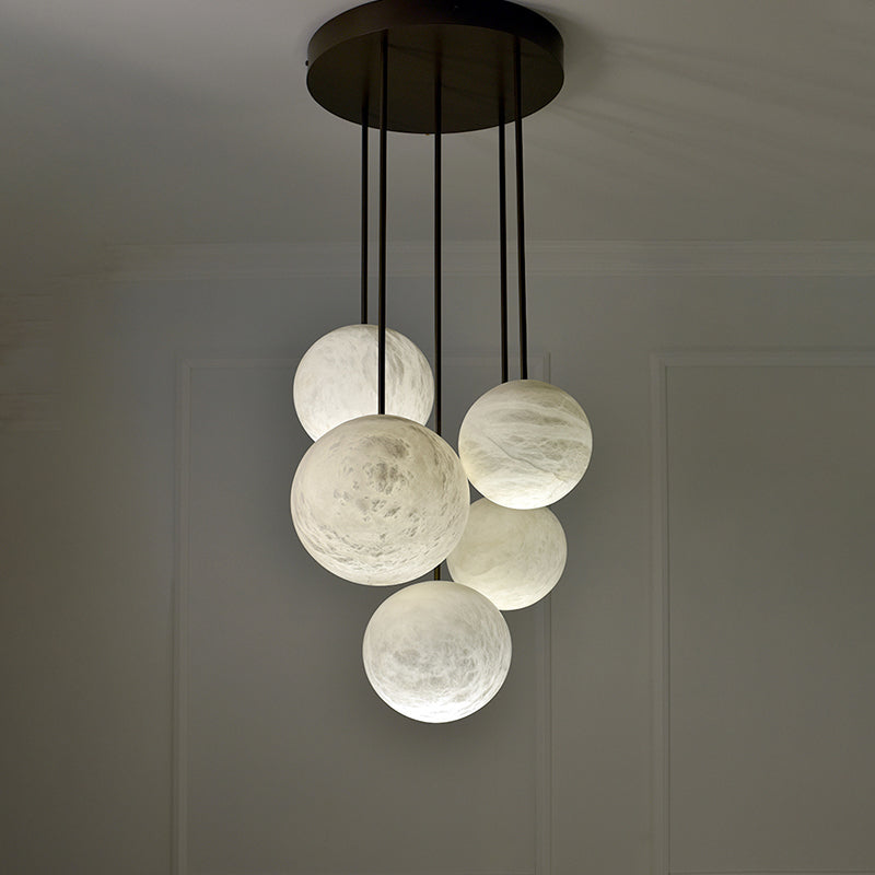 Opulent Alabaster Sphere Staircase Chandelier, Multi Pendant Light