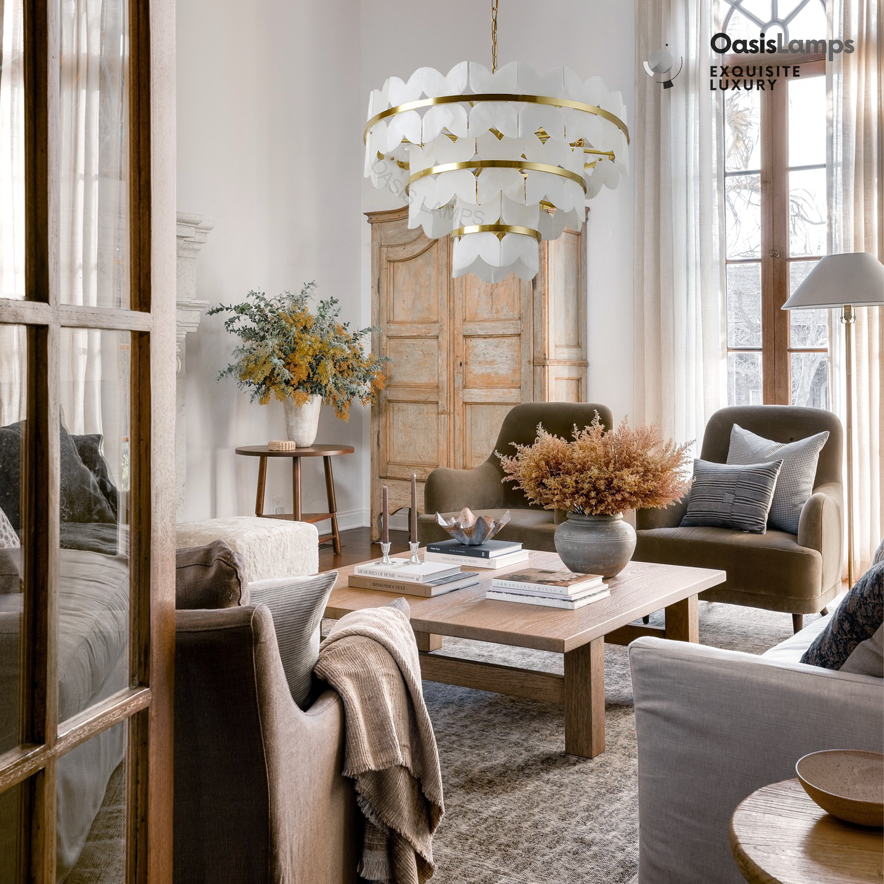 Alabaster Cloudscape Brass 3-Layer Chandelier#Colour_Brass,size_3 Layers Dia 31.5″(80cm) x H 19.7″(50cm)