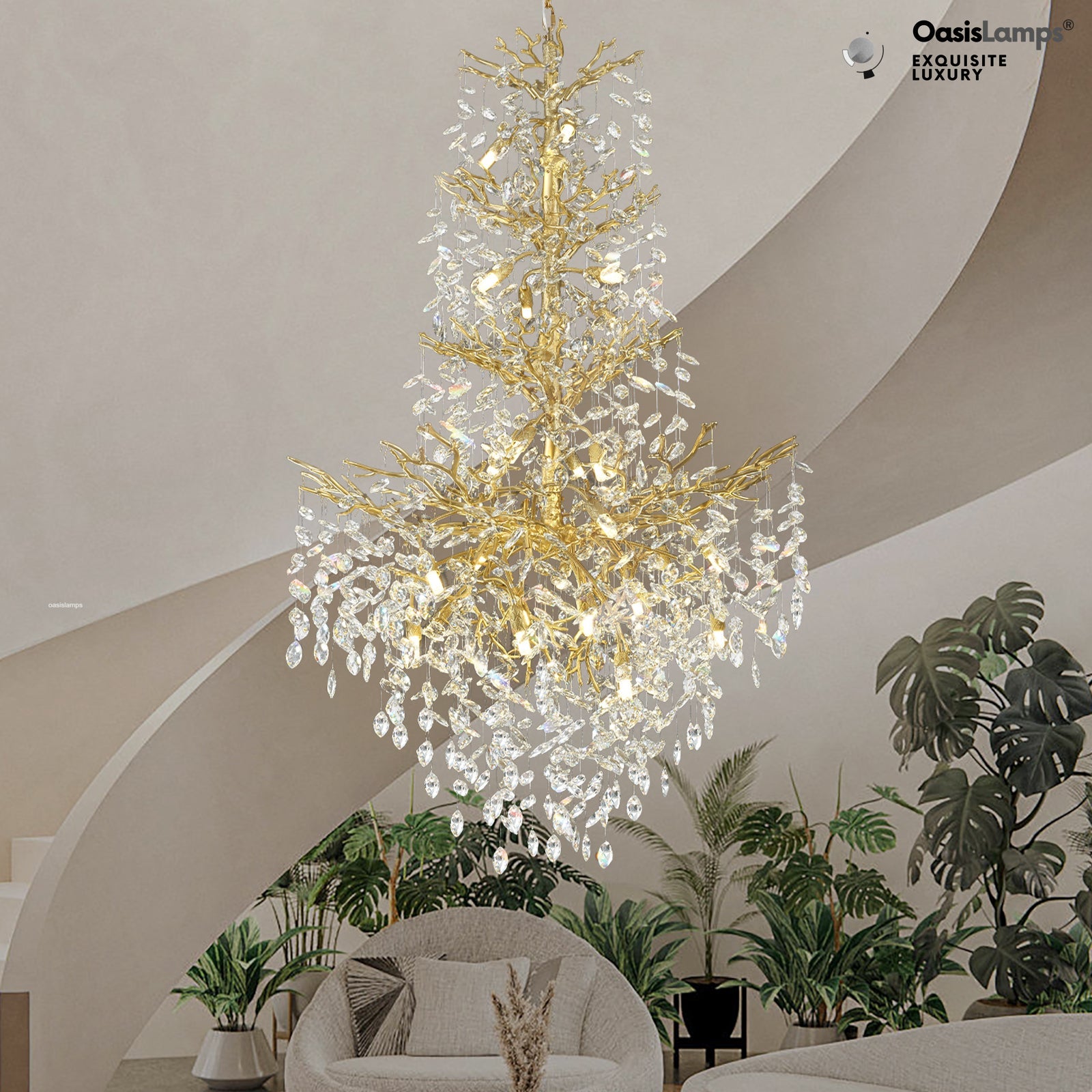 Frostleaf Cascade Grand Staircase Chandelier 61" 65"#Color_brass,Size_H61"