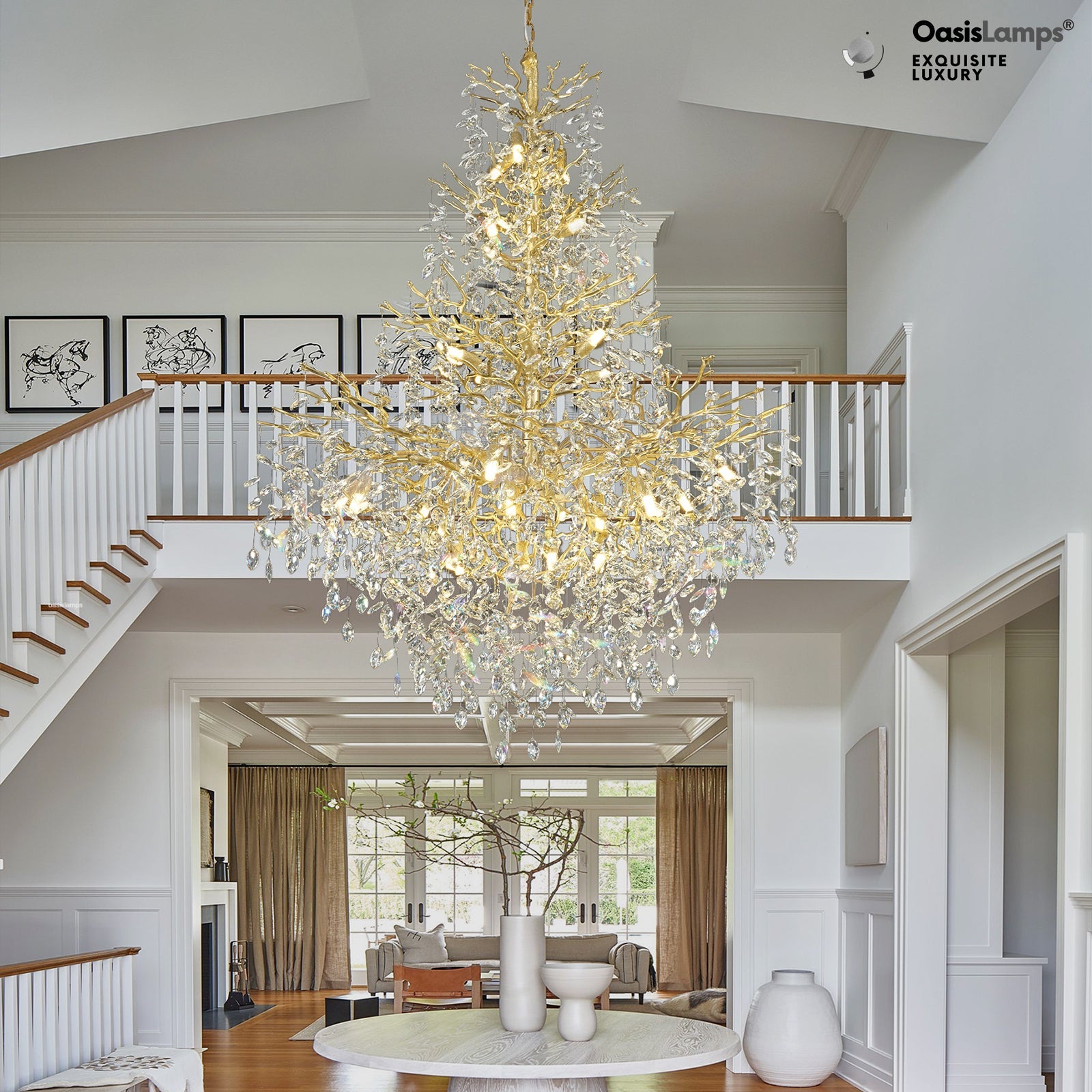 Frostleaf Cascade Grand Staircase Chandelier 61" 65"#Color_brass,Size_H65"