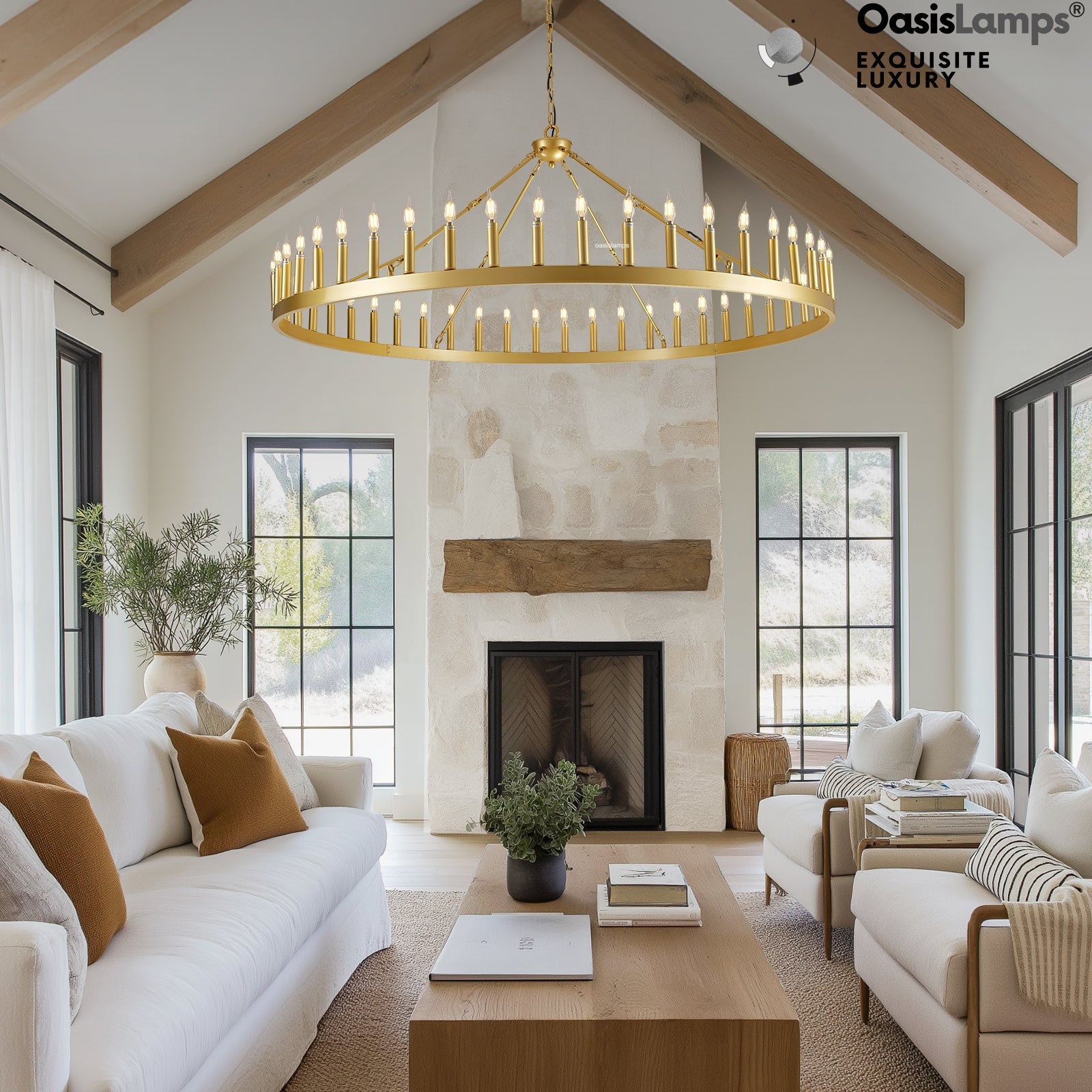 Wagon Wheel Candle Round Chandelier 64"#Color_Brass