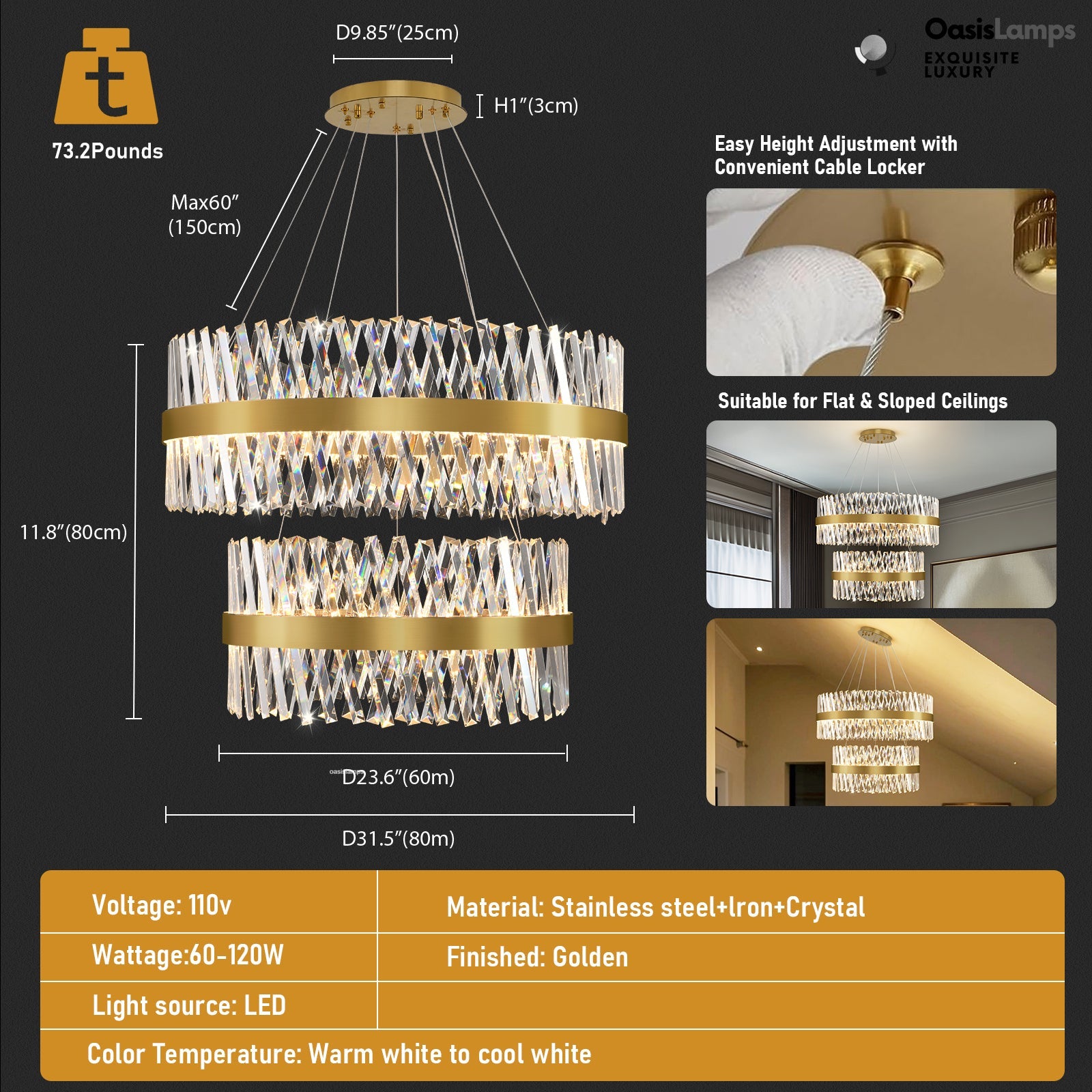 Vetro Prism Crystal 2-Tier Chandelier 31.5" 40" L#Color_Brass,size_D31.5"+D23.6"