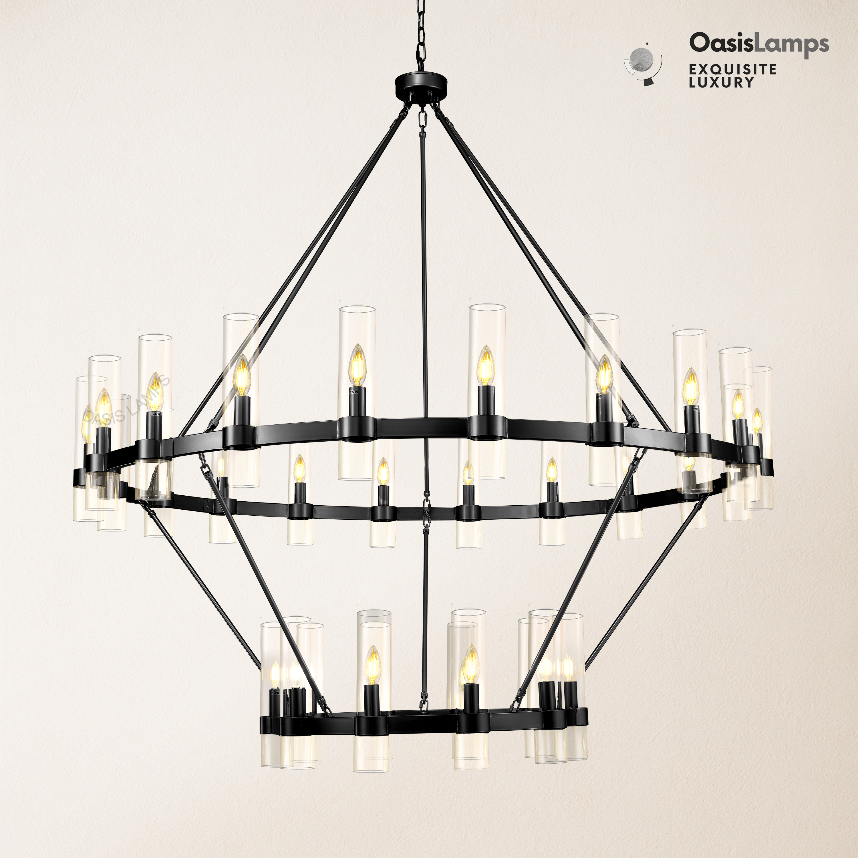 Cylora 2-Tier Glass Tube Round Chandelier 48" 60"D#finish_black,size_60"