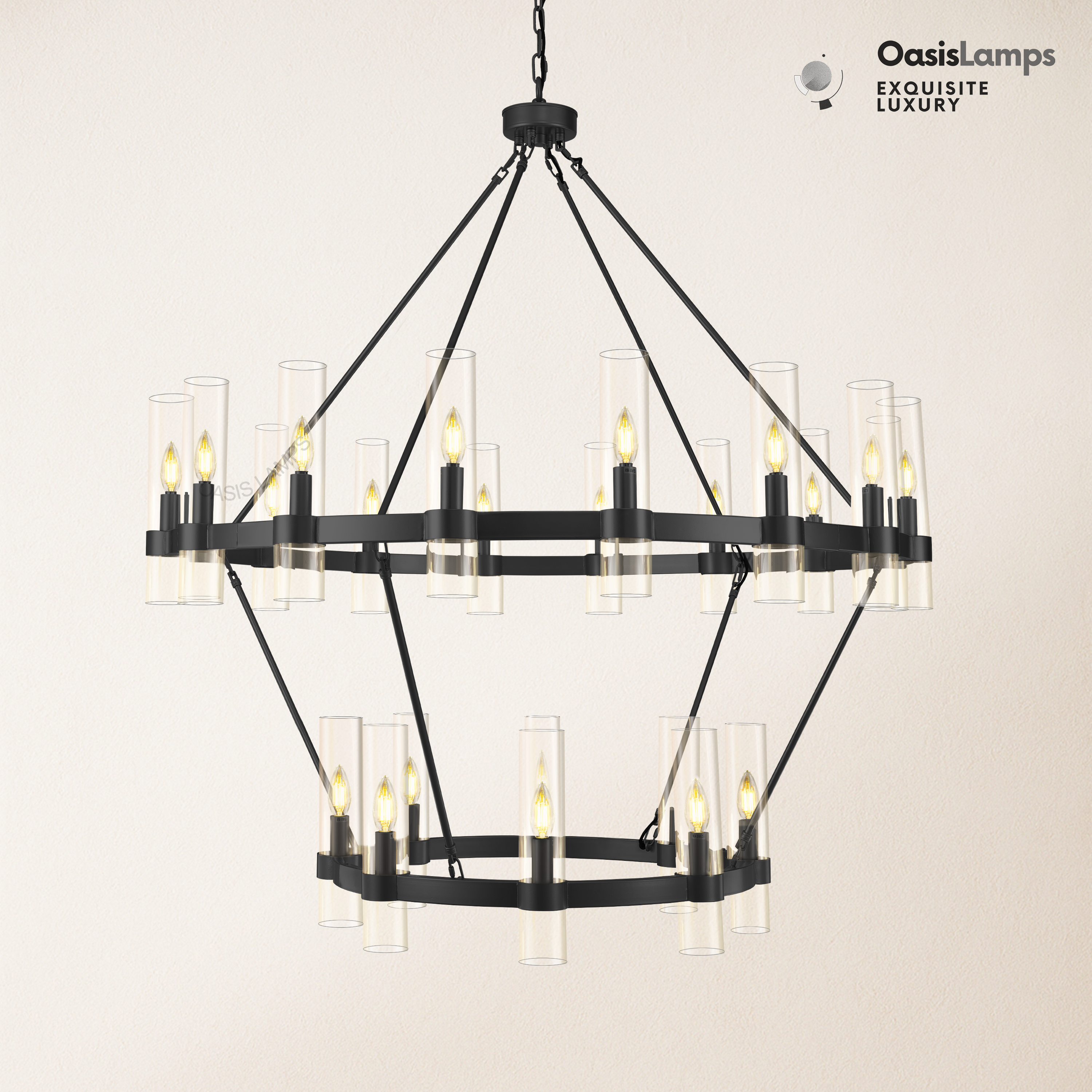 Cylora 2-Tier Glass Tube Round Chandelier 48" 60"D#finish_black,size_48"