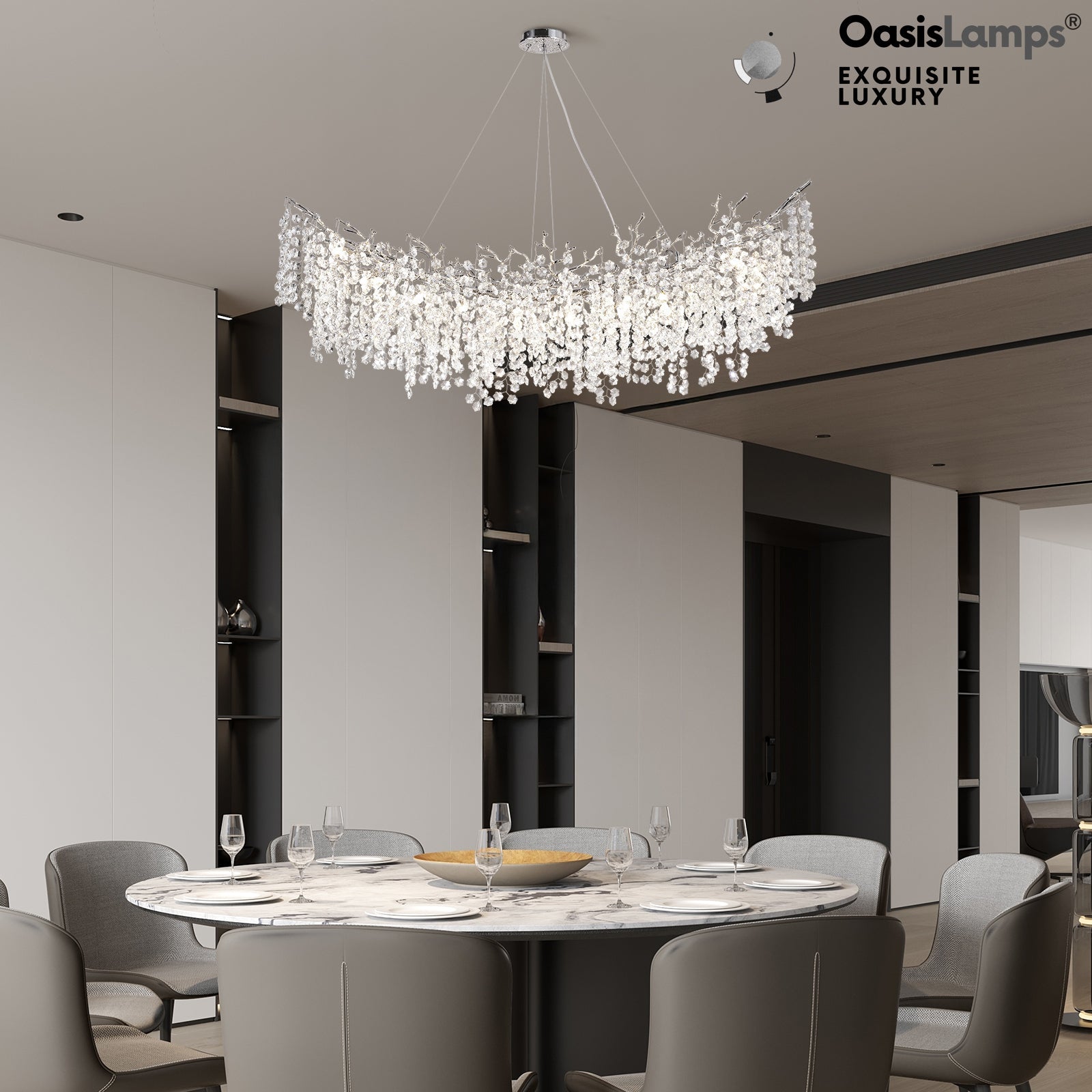 Lustre Branches Crystal Rectangular Chandelier 55"L#Color_silver