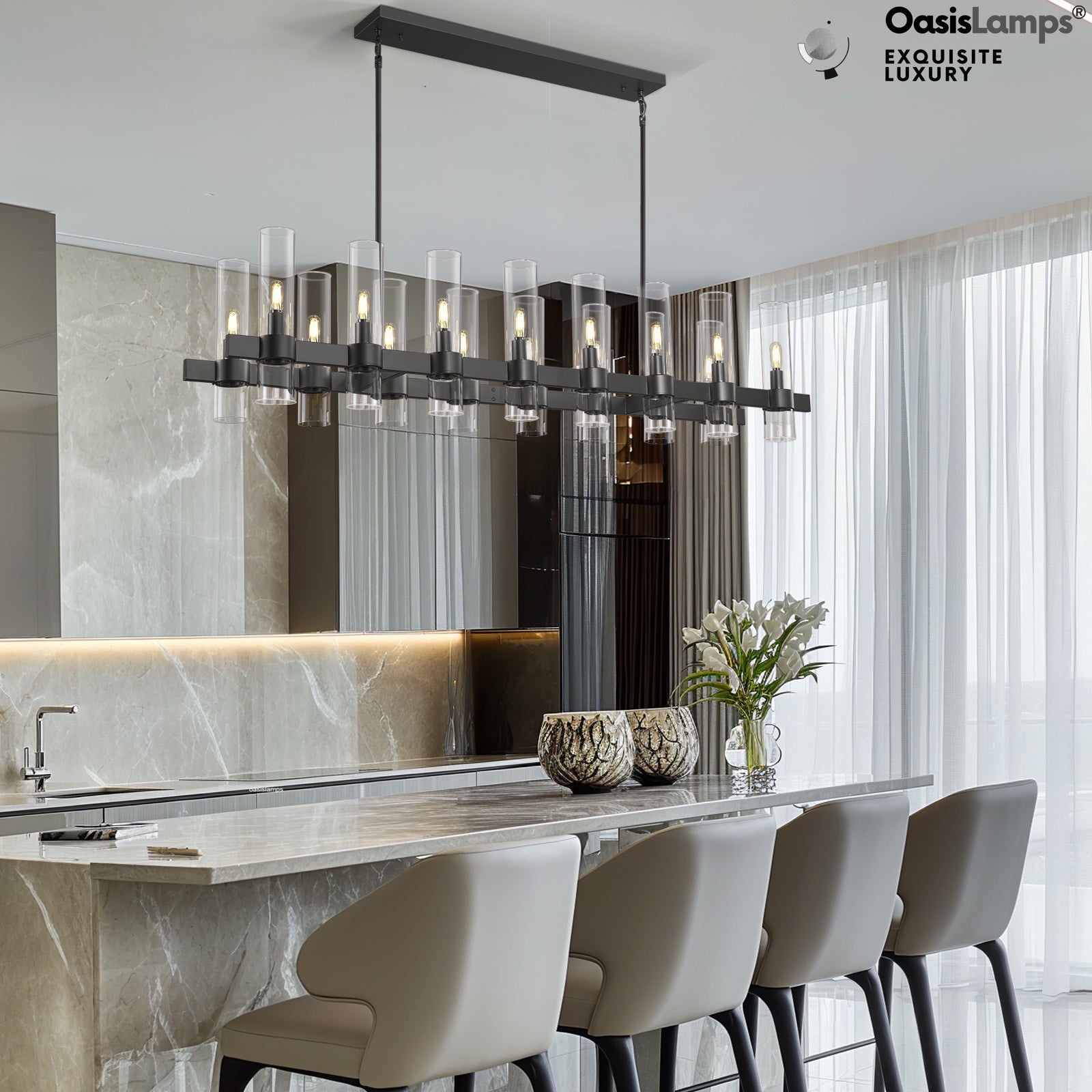 Cylora Glass Tube Rectangular Chandelier 54" 68"L#finish_black,size_54"