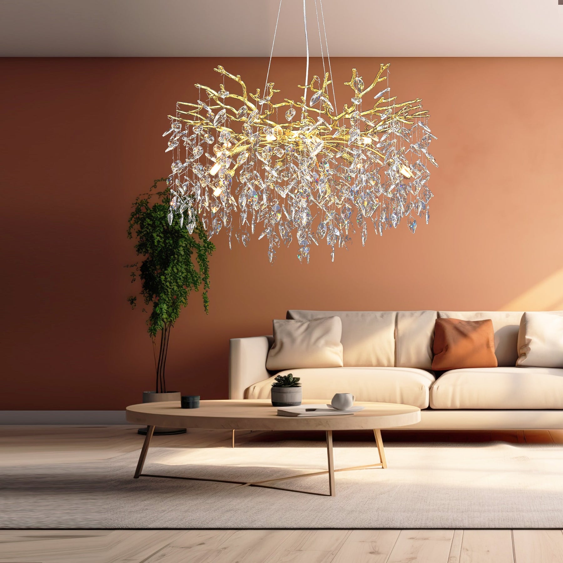 Salome Round Gold Clear Crystal Branch Chandelier For Living Room