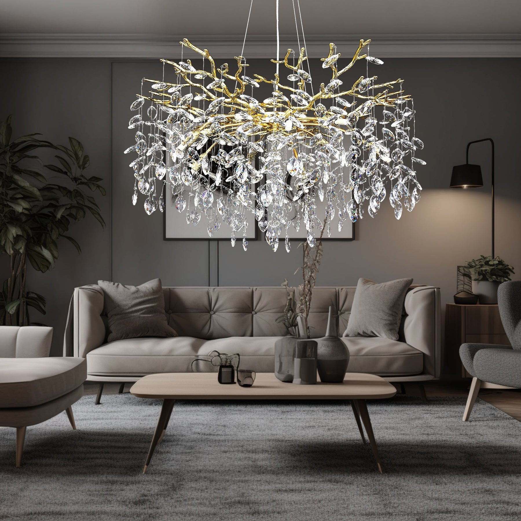 Flavia Round Gold Clear Crystal Branch Chandelier For Living Room