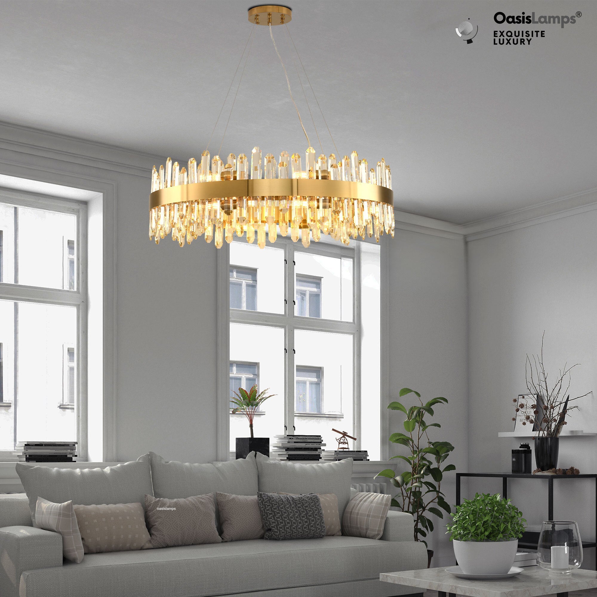 Stellara Crystal Strip Round Halo Chandelier 24" 32" 40"D#color_brass,size_32''D