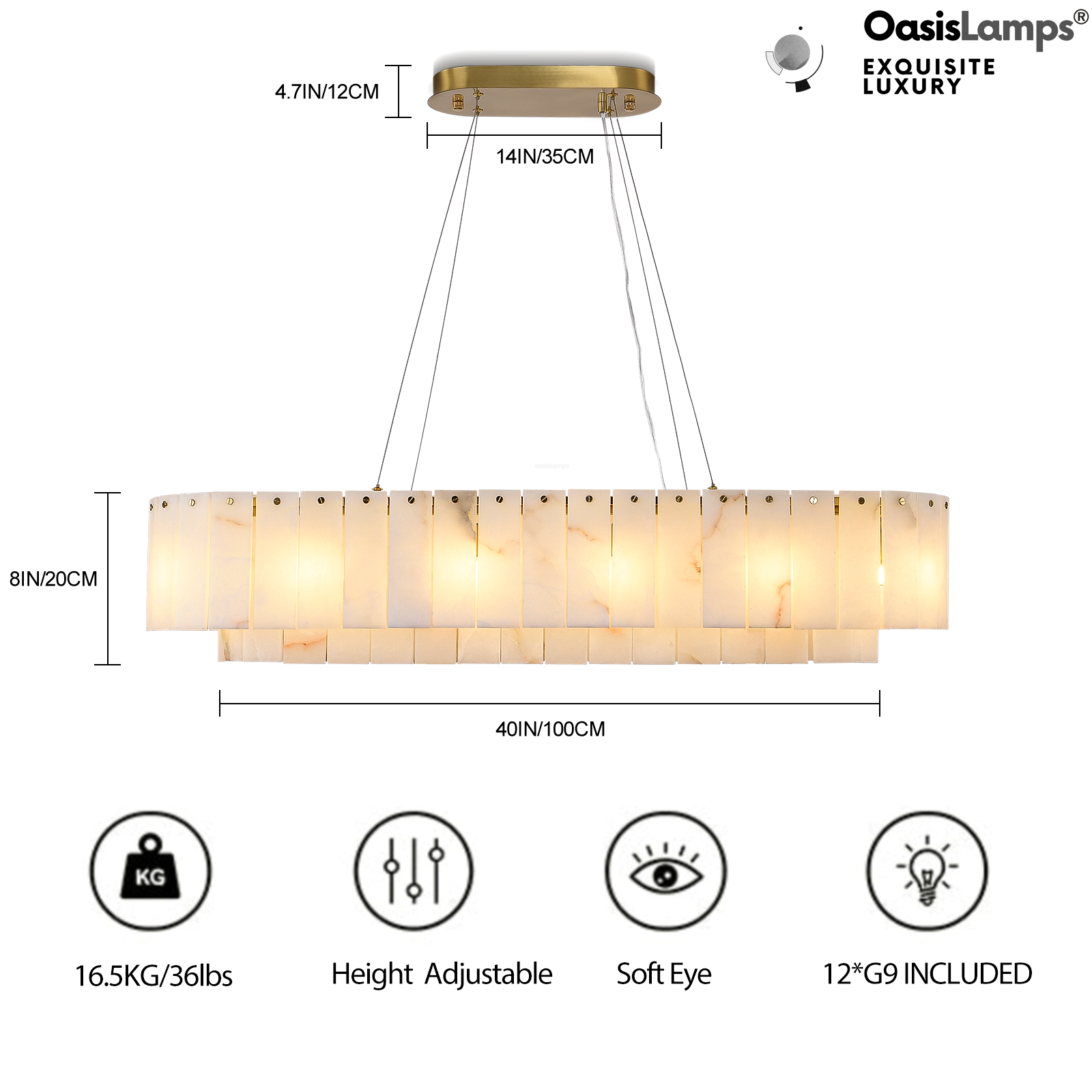Sawyer Alabaster Rectangle Chandelier 40" 54"L#Color_Brass,size_40"