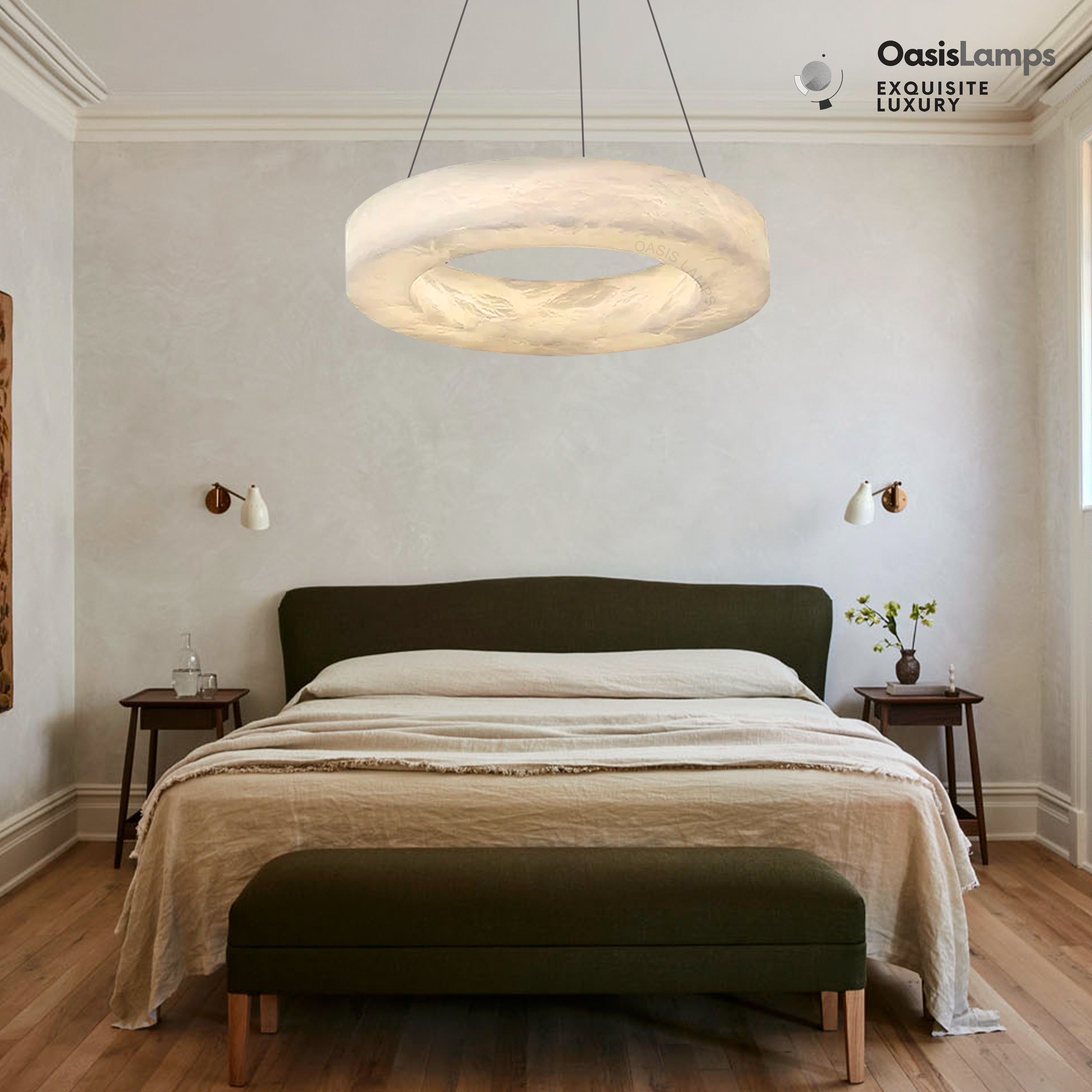 Marika Alabaster Ring Pendant Lamp#Color_Brass & White Alabaster, size_Dia 23.6”(60cm) x H 3.1”(8cm)