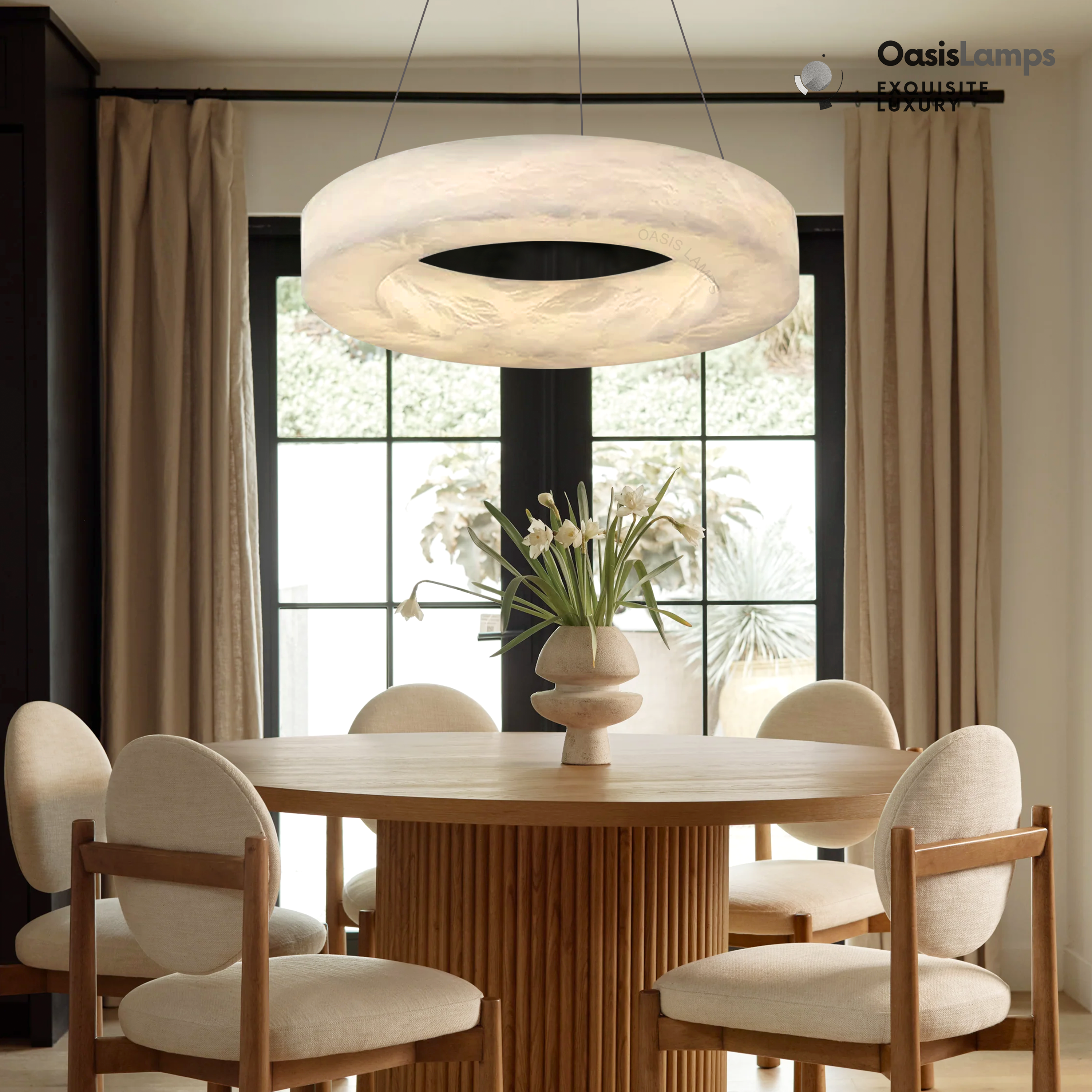 Marika Alabaster Ring Pendant Lamp#Color_Brass & White Alabaster, size_Dia 23.6”(60cm) x H 3.1”(8cm)