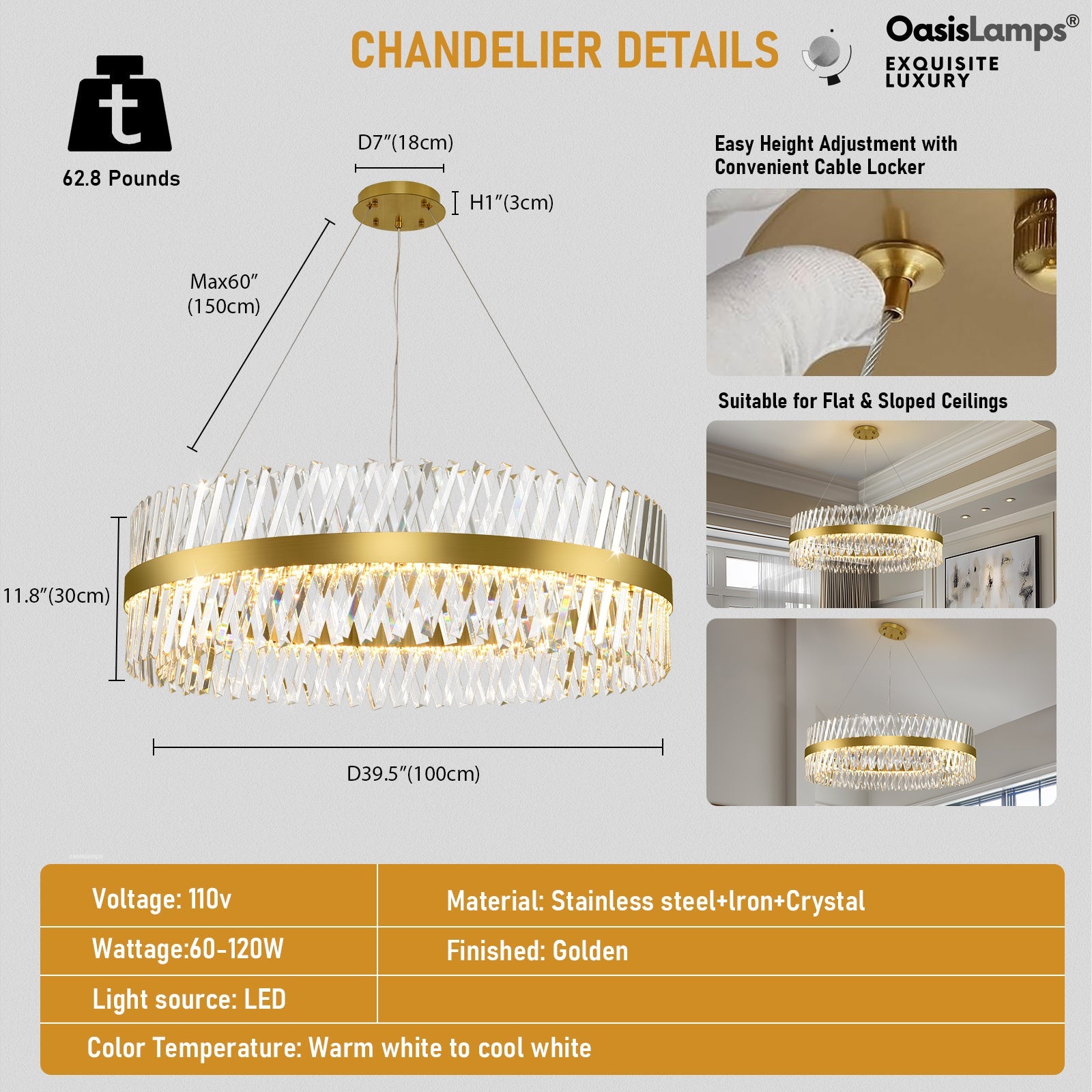 Vetro Prism Crystal Round Chandelier 23.6" 31.5" 40"D#Color_Brass,size_40"D