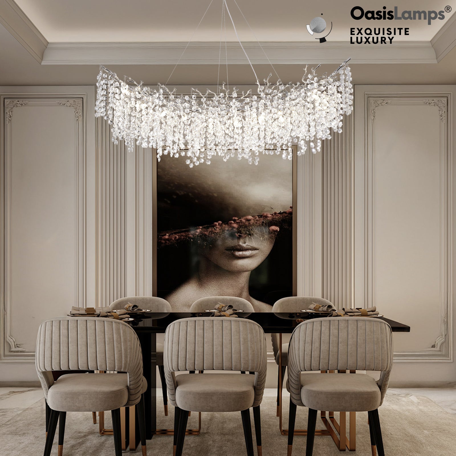 Lustre Branches Crystal Rectangular Chandelier 55"L#Color_silver