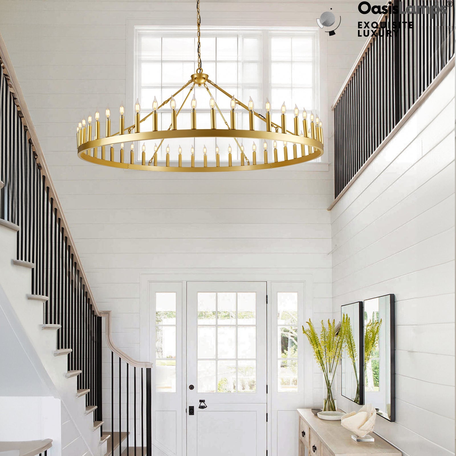 Wagon Wheel Candle Round Chandelier 64"#Color_Brass