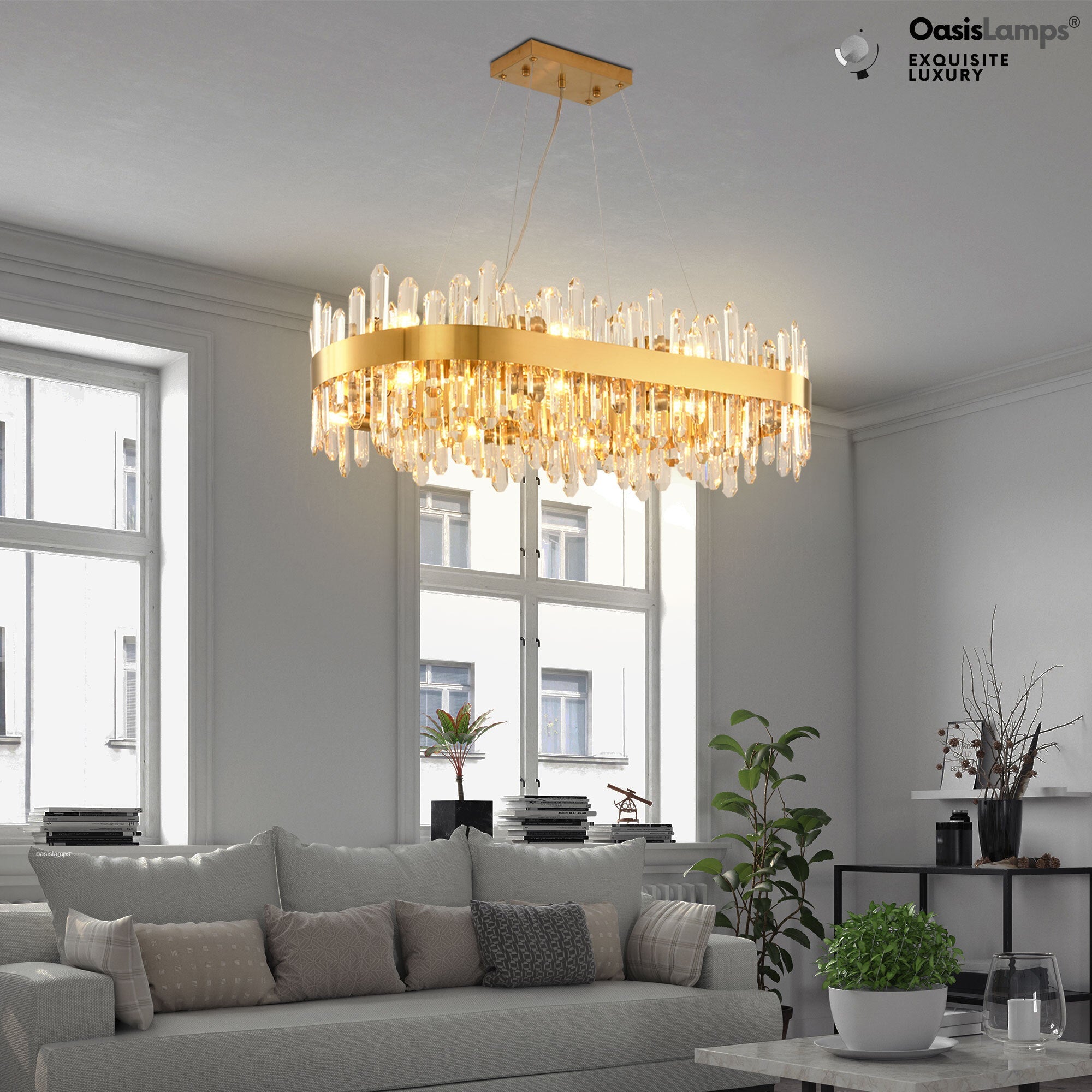 Stellara Crystal Strip Oval Halo Chandelier 36" 52"#color_brass,size_36''L