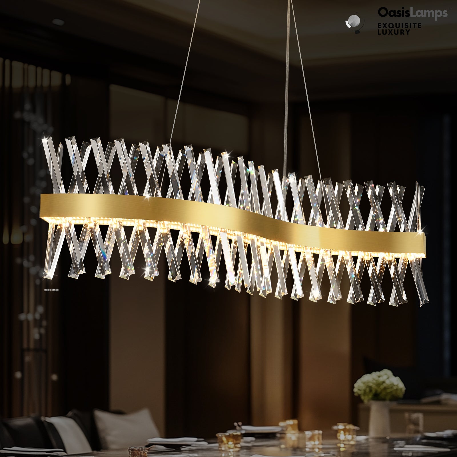 Vetro Prism Crystal Rectangular Chandelier 40" 47"L#Color_Brass,size_40"L