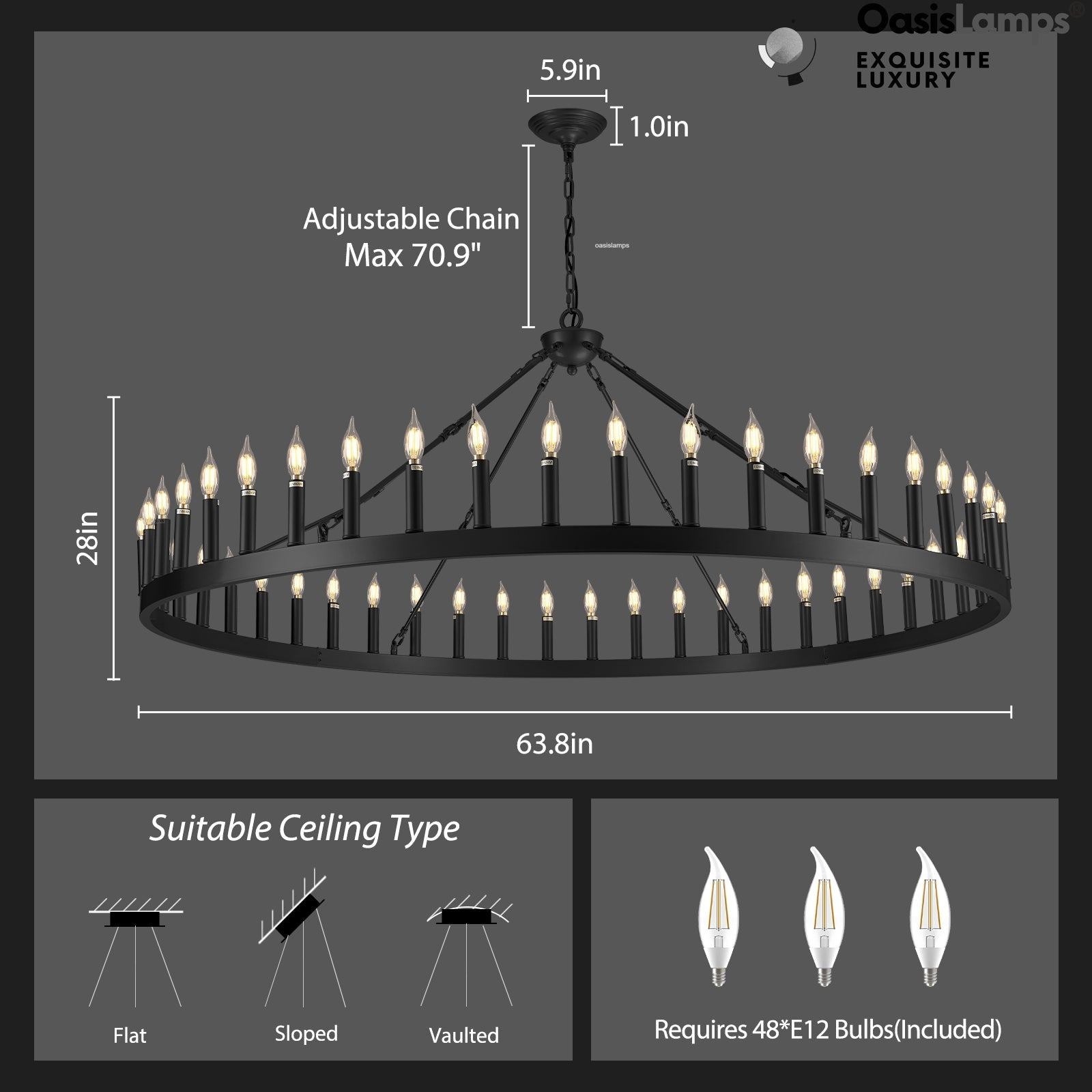 Wagon Wheel Candle Round Chandelier 64"#Color_Black