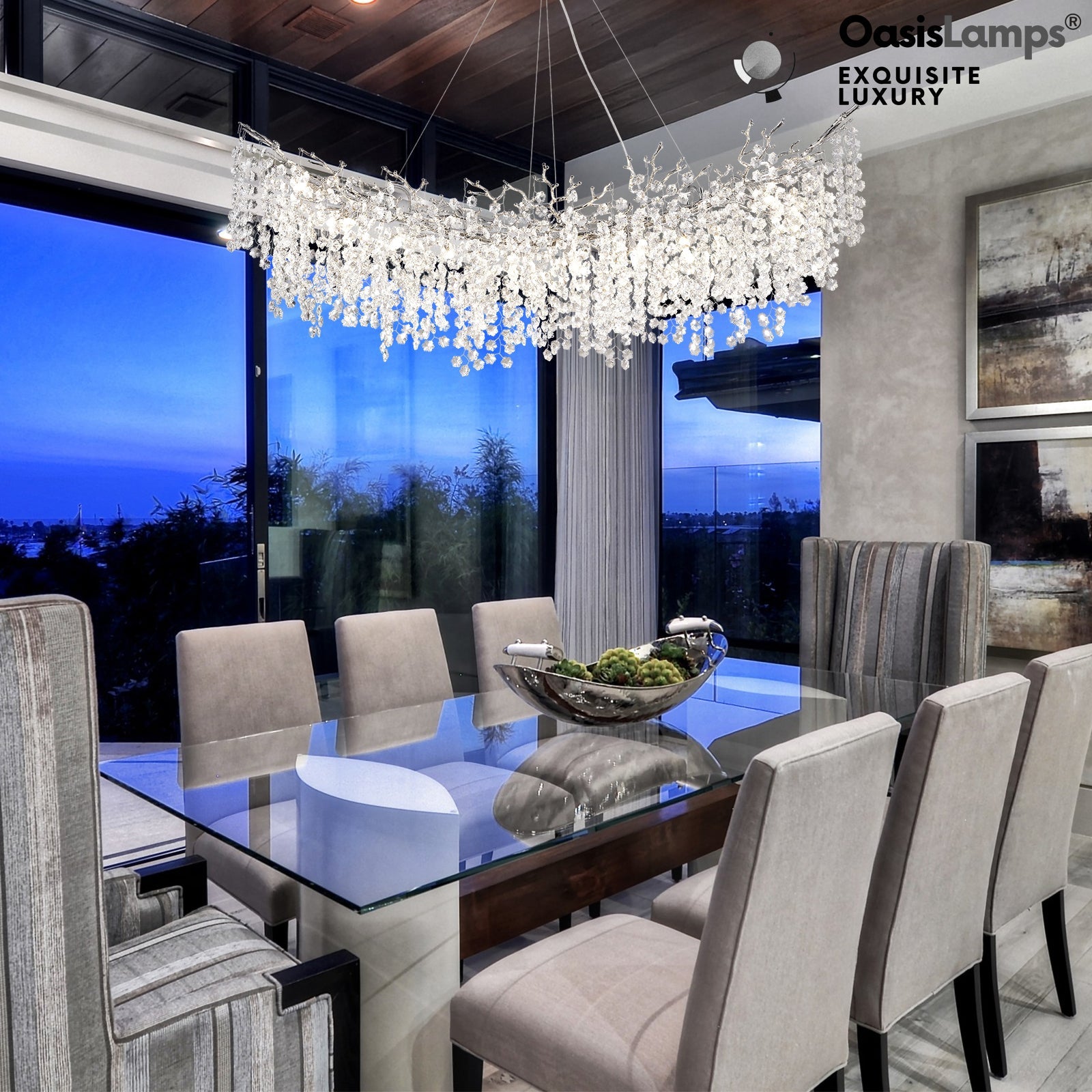 Lustre Branches Crystal Rectangular Chandelier 55"L#Color_silver