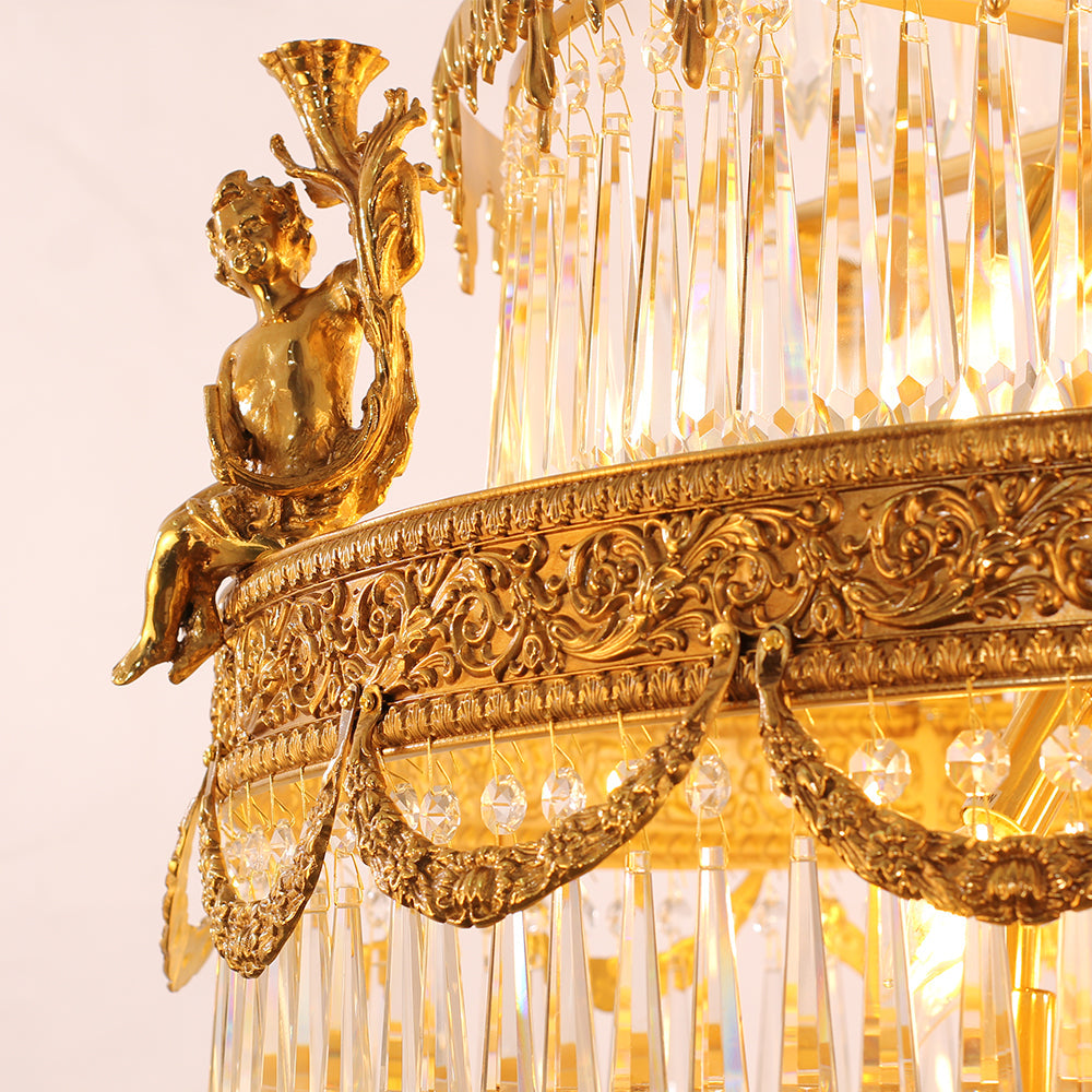 Traditional 35X83 Inch Big Foyer Lighting Cascading French Empire Brass and Crystal Chandelier