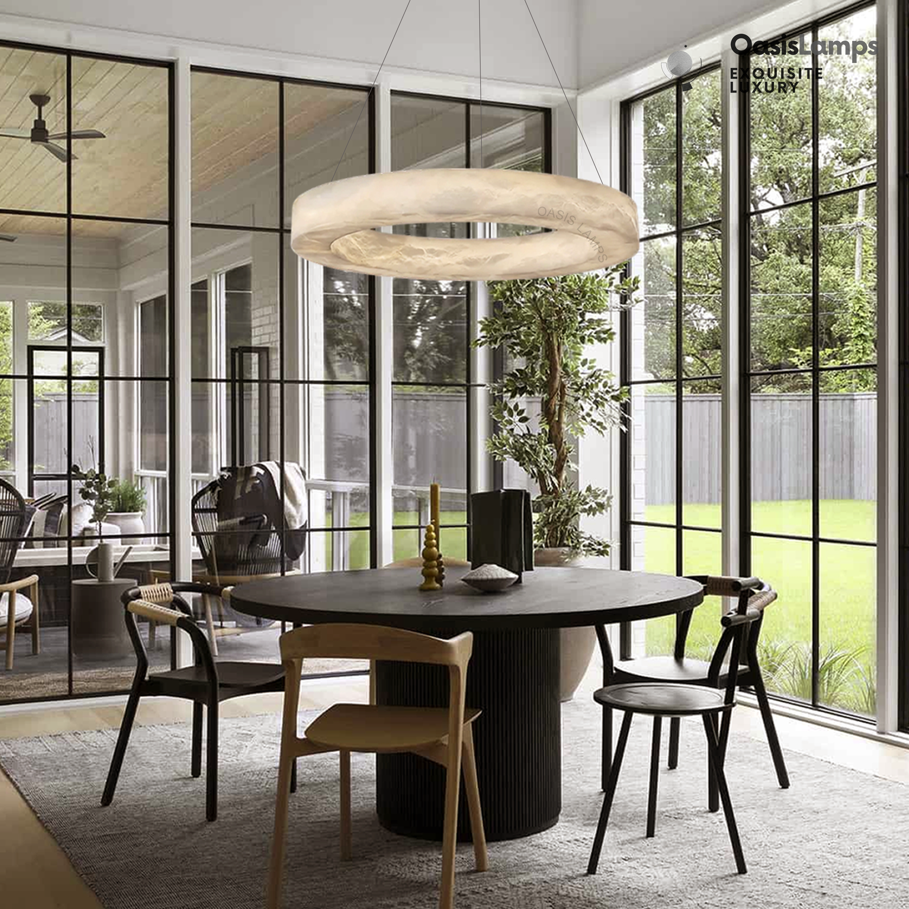 Marika Alabaster Ring Pendant Lamp#Color_Brass & White Alabaster, size_Dia 31.5”(80cm) x H 3.1”(8cm)