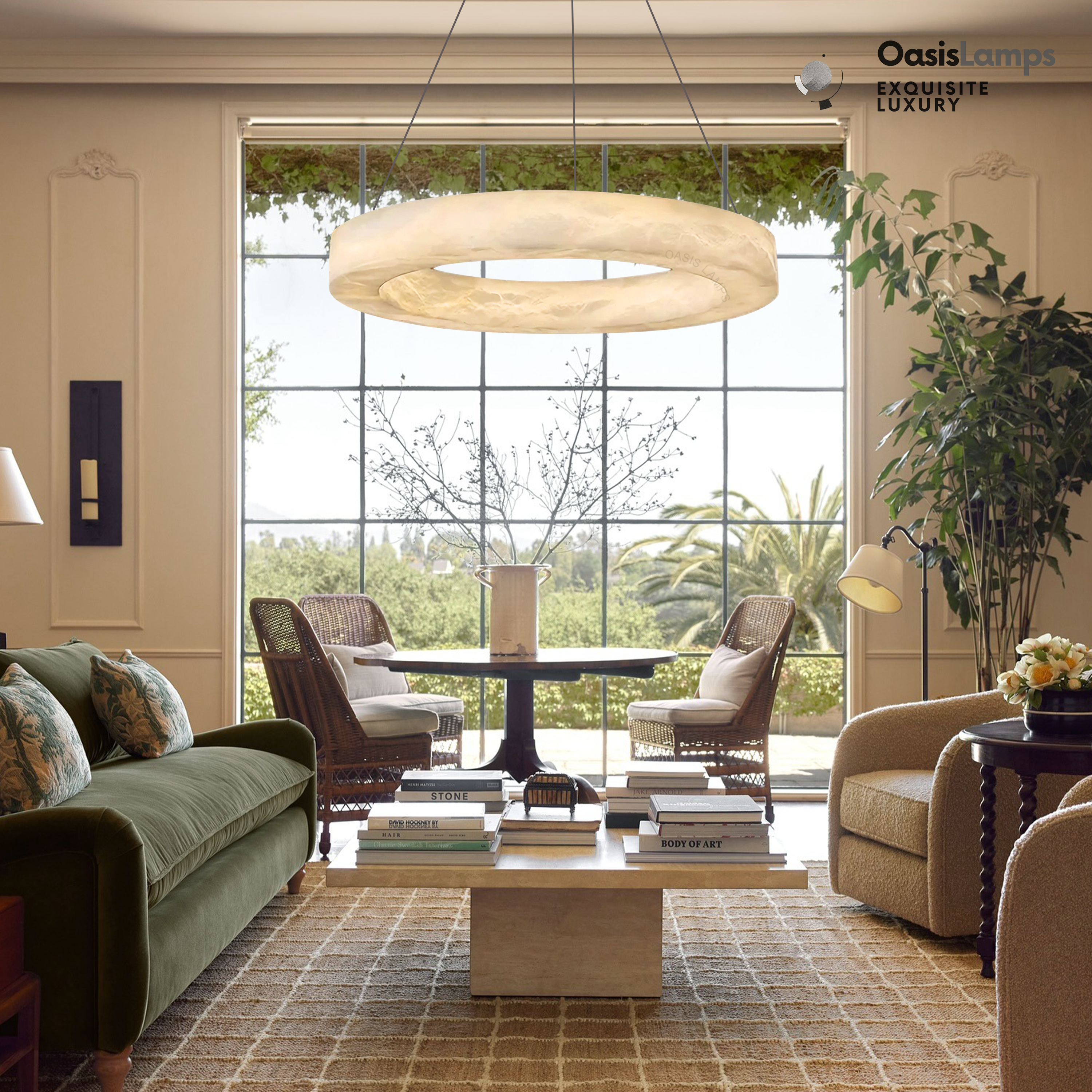 Marika Alabaster Ring Pendant Lamp#Color_Brass & White Alabaster, size_Dia 31.5”(80cm) x H 3.1”(8cm)