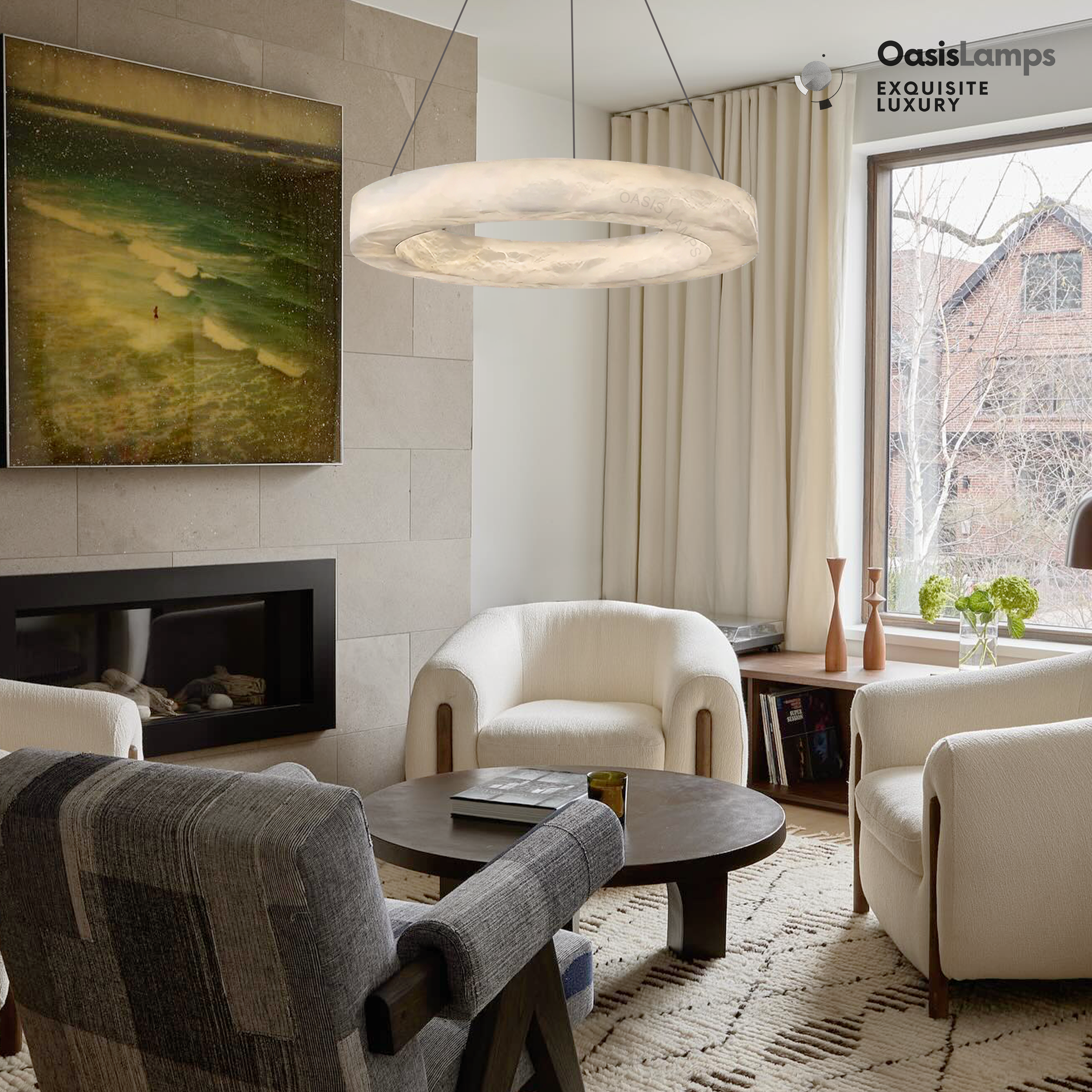 Marika Alabaster Ring Pendant Lamp#Color_Brass & White Alabaster, size_Dia 31.5”(80cm) x H 3.1”(8cm)