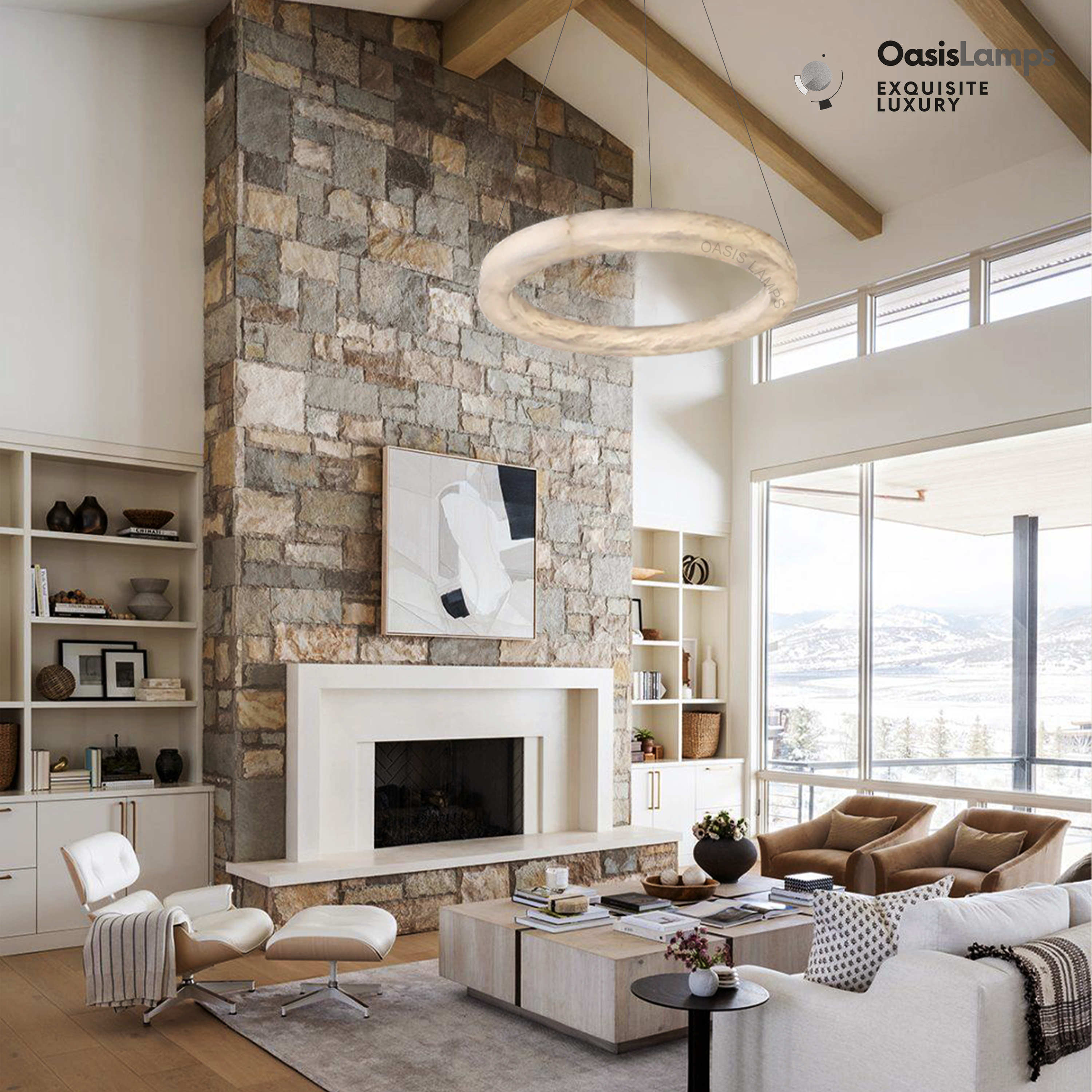 Marika Alabaster Ring Pendant Lamp#Color_Brass & White Alabaster, size_Dia 39.3”(100cm) x H 3.1”(8cm)