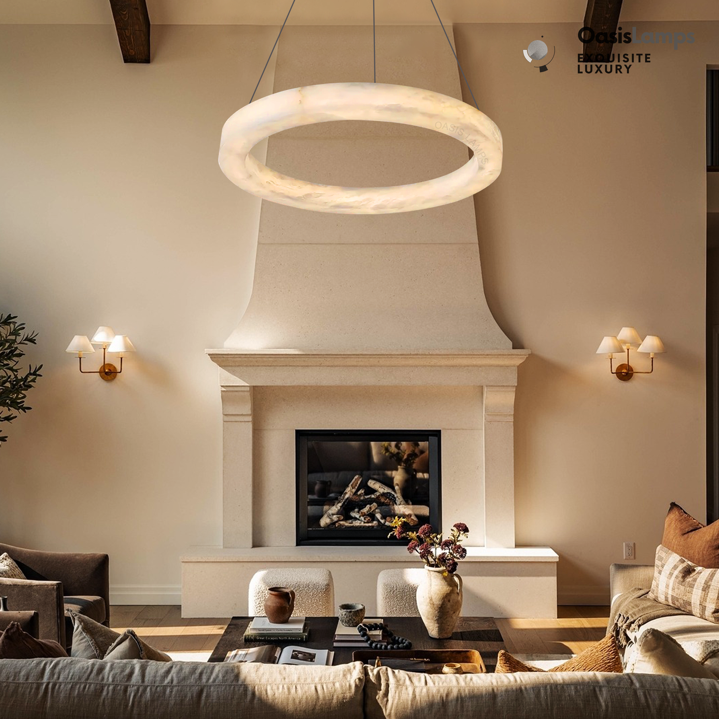 Marika Alabaster Ring Pendant Lamp#Color_Brass & White Alabaster, size_Dia 39.3”(100cm) x H 3.1”(8cm)