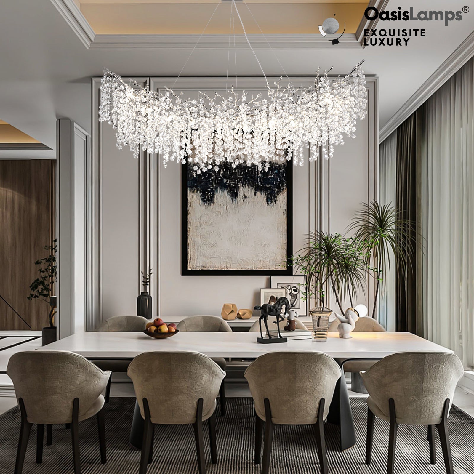 Lustre Branches Crystal Rectangular Chandelier 55"L#Color_silver