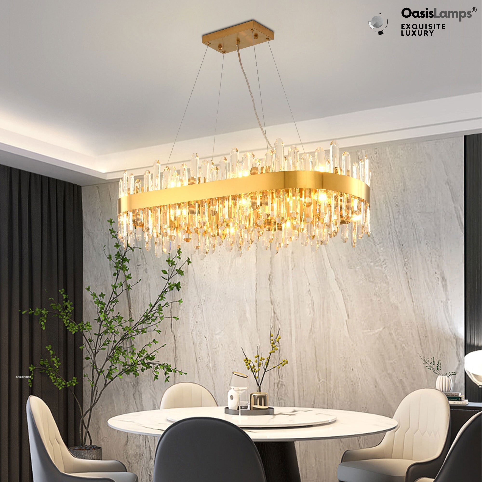 Stellara Crystal Strip Oval Halo Chandelier 36" 52"#color_brass,size_36''L