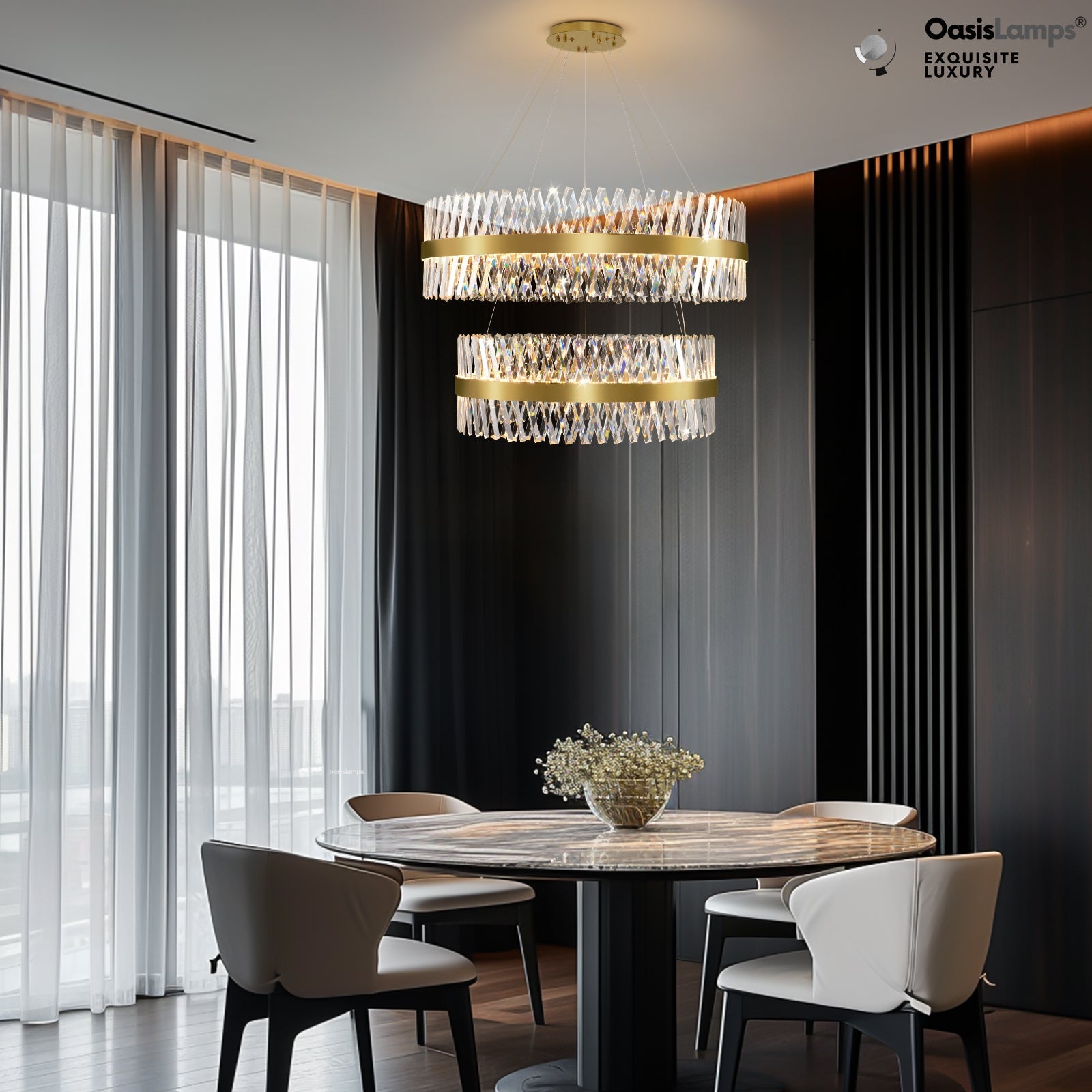 Vetro Prism Crystal 2-Tier Chandelier 31.5" 40" L#Color_Brass,size_D40"+D31.5"