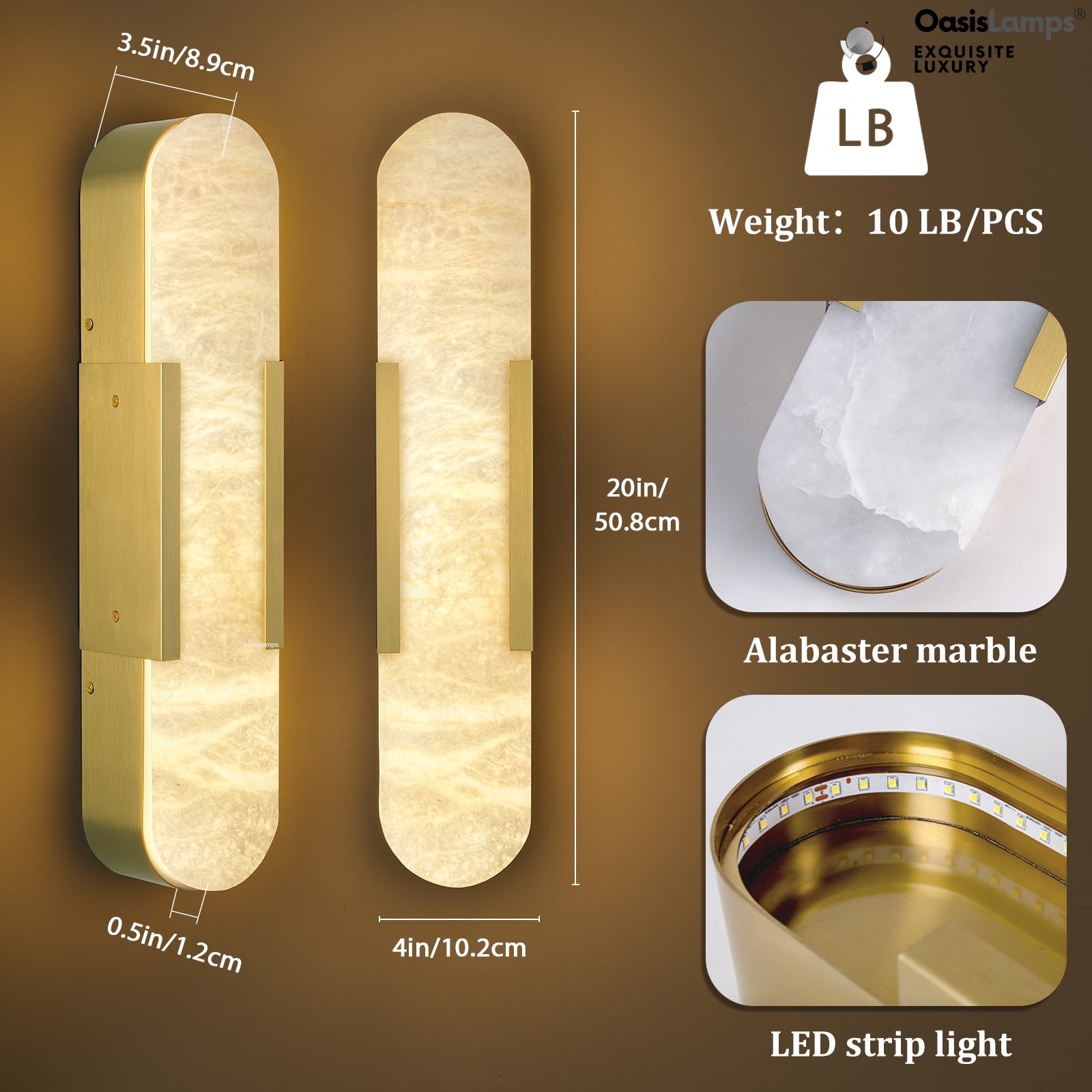 OpalEdge Alabaster Wall Sconces 13.8" 20"H#Color_Brass,size_20" H-1 Pack