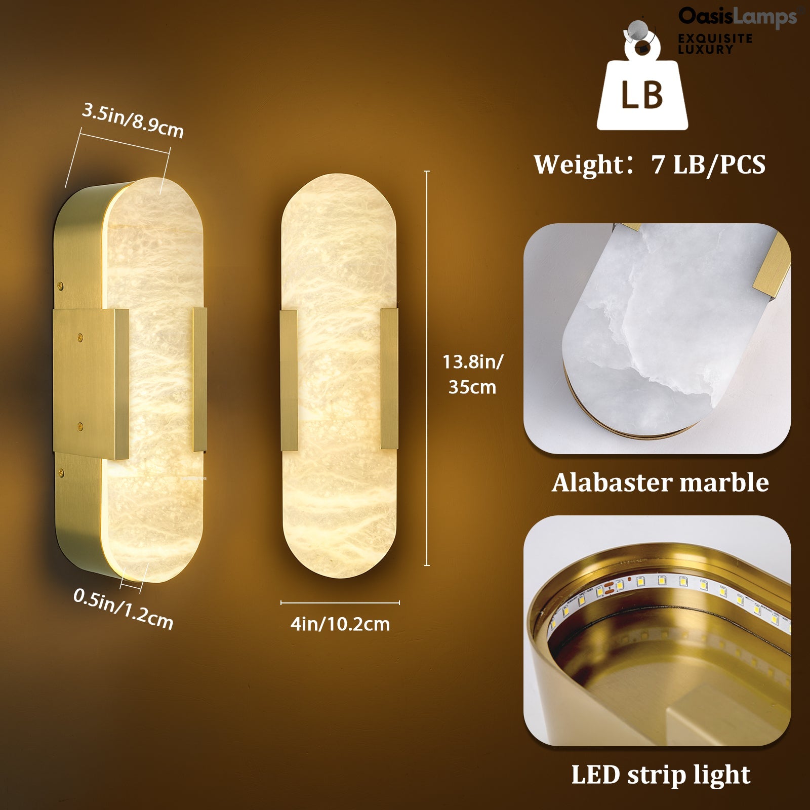 OpalEdge Alabaster Wall Sconces 13.8" 20"H#Color_Brass,size_13.8" H-1 Pack