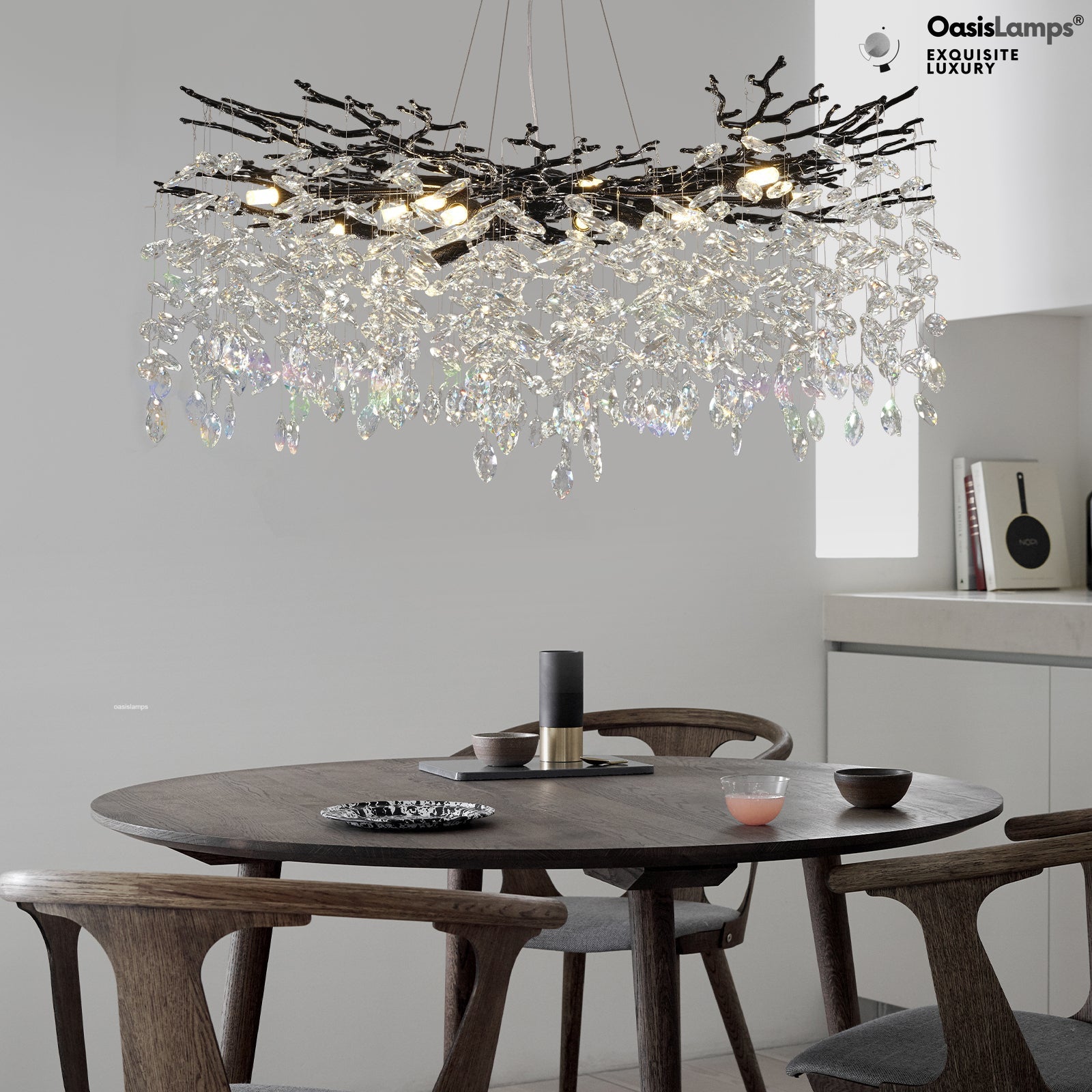 Frostleaf Cascade Branch Crystal Round Chandelier 30" 40" D#color_black,size_D-40inches