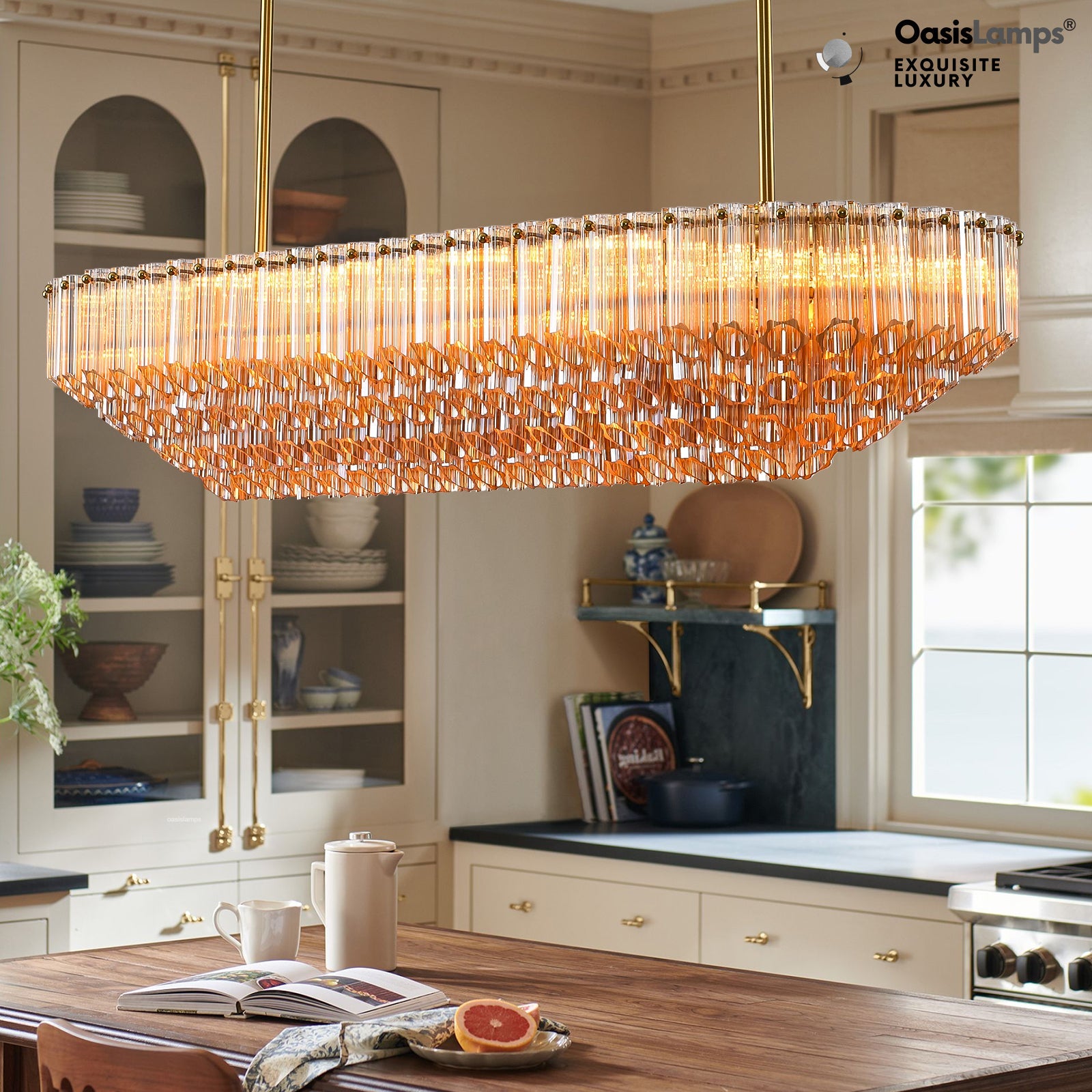 Ethereal Radiance Clear/Amber Rectangular Crystal Chandelier 43"L#glass color_amber