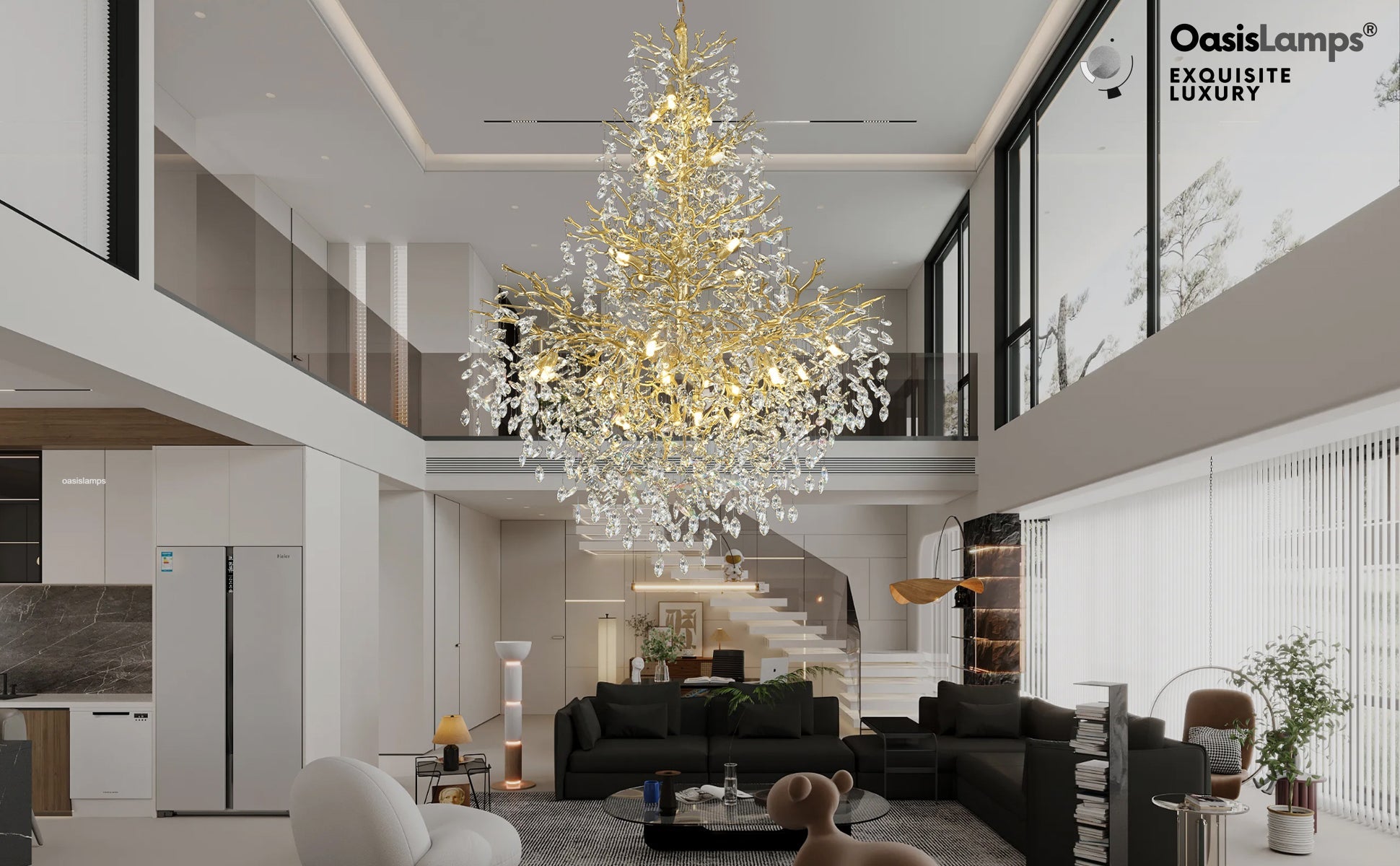 Frostleaf Cascade Grand Staircase Chandelier 61" 65"#Color_brass