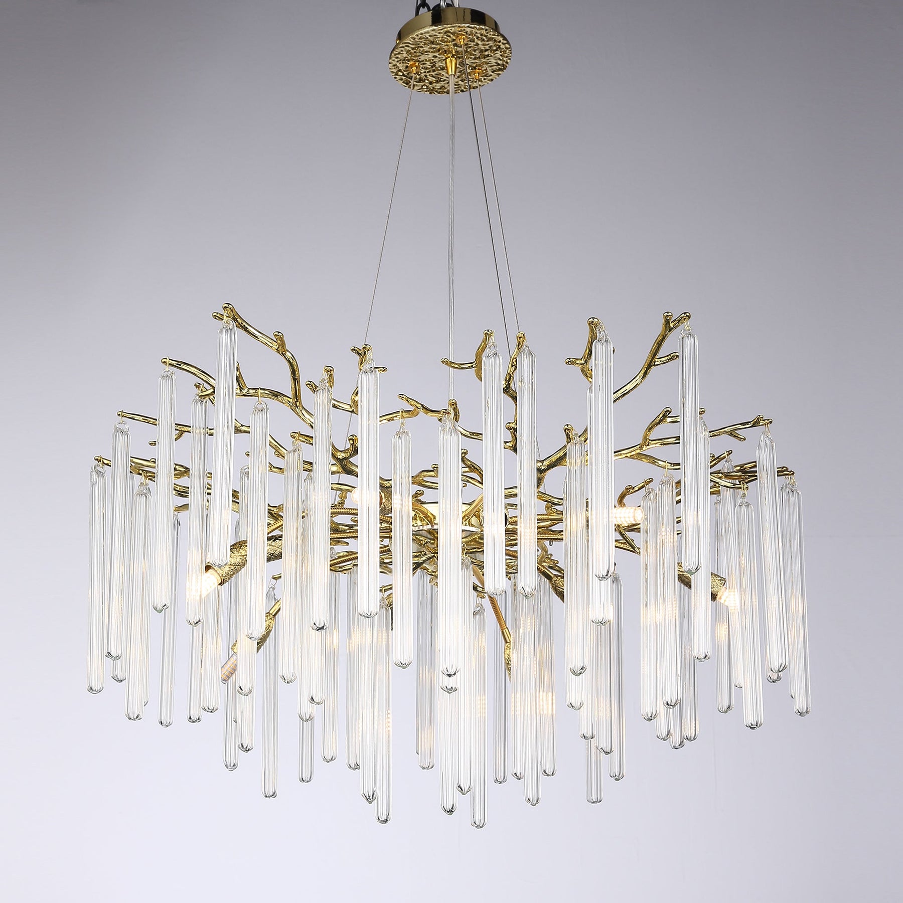 Clea Round Gold Clear Crystal Tube Branch Chandelier For Living Room