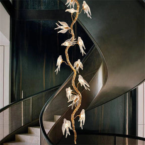 Bird Glass Tree Branch Long Staircase Chandelier D 17.7"